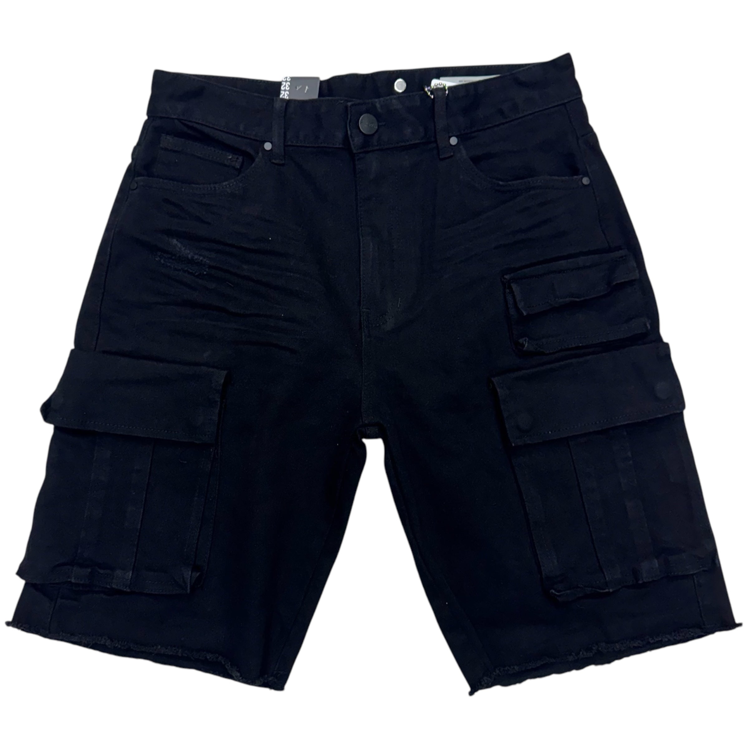 Rise Distress Denim Cargo Shorts Jet Black 25241. A