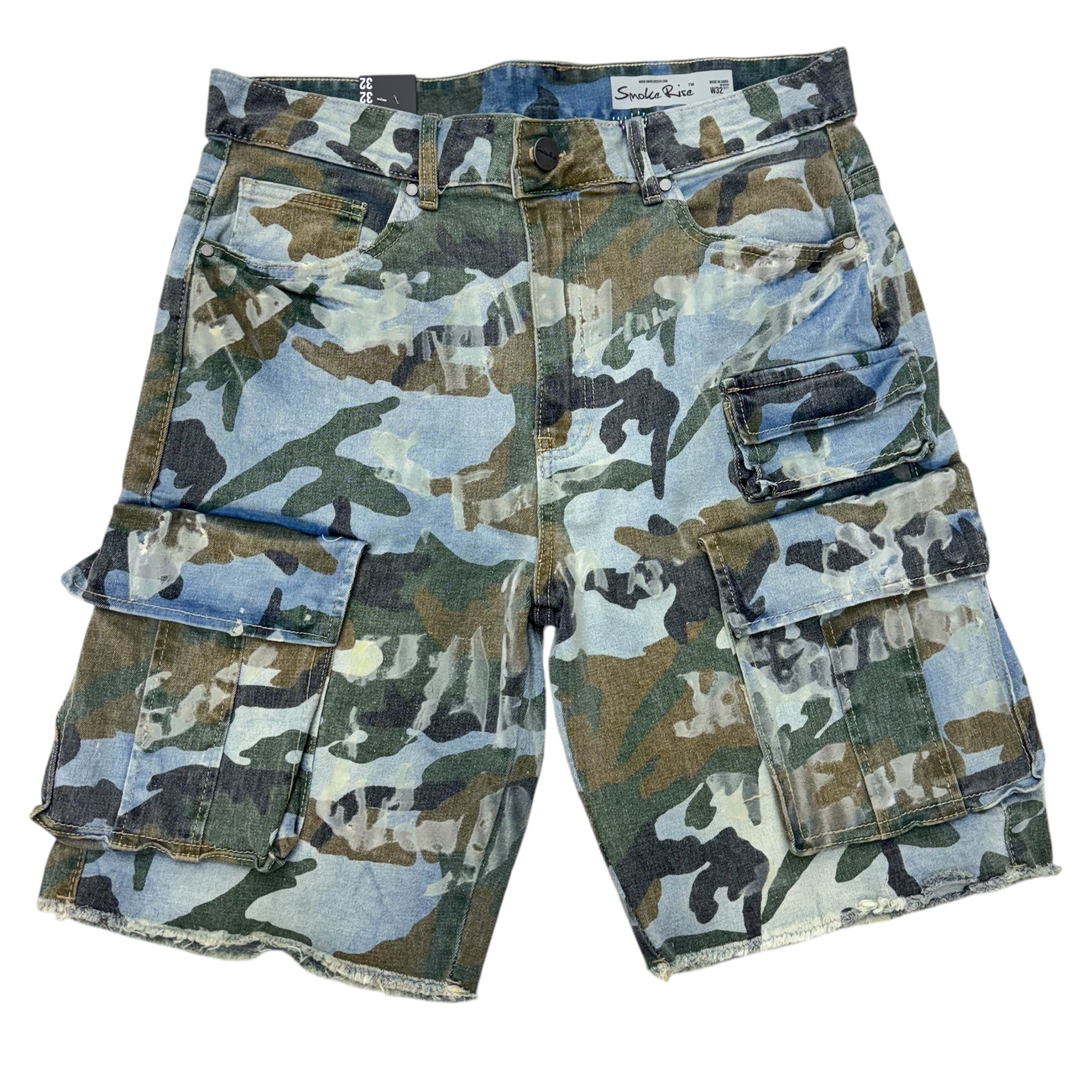 Rise Distress Denim Cargo Shorts Aspen Camo 25237