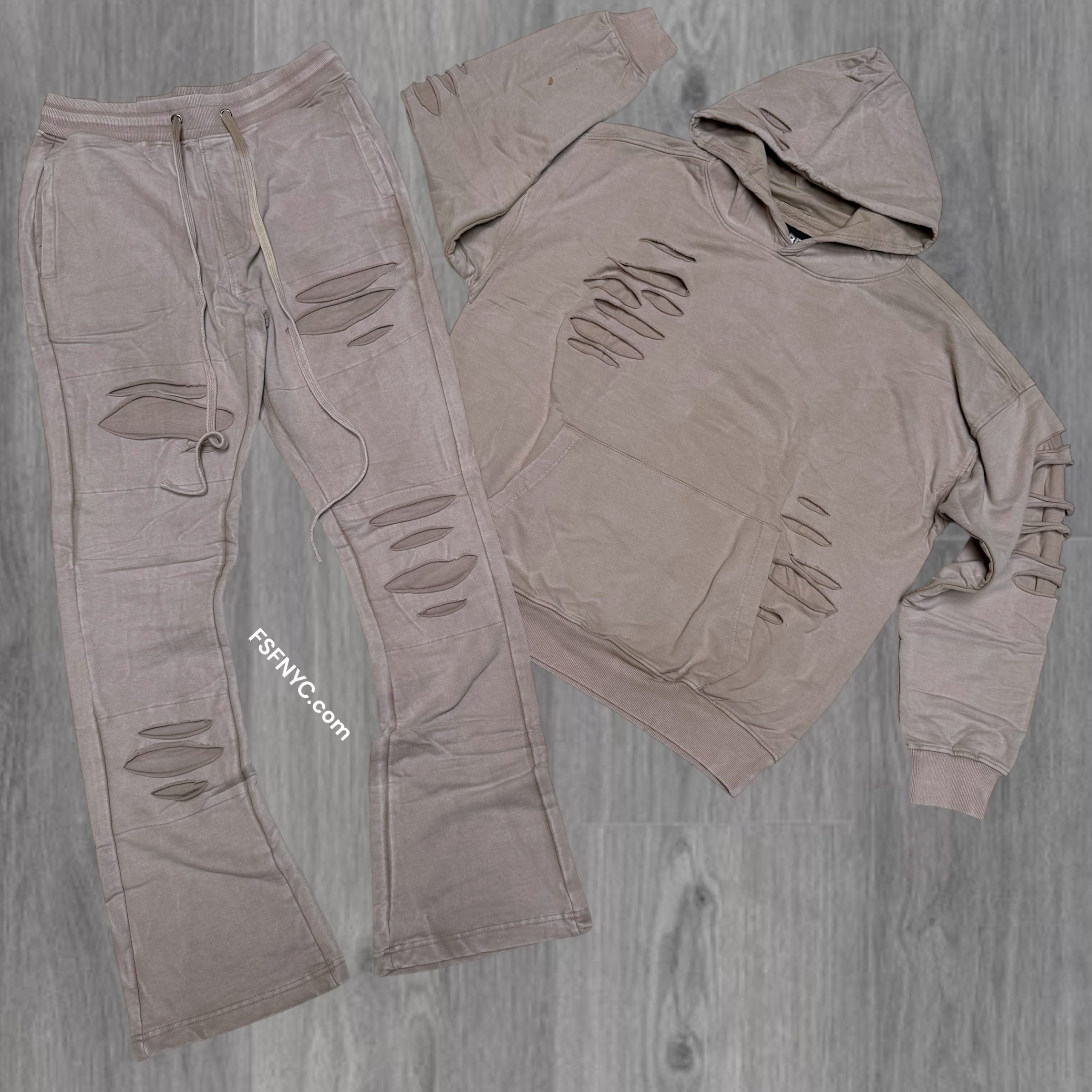 Rebel - STACKED RIPPED ACID WASH SWEATSUIT - TAUPE - 312-412