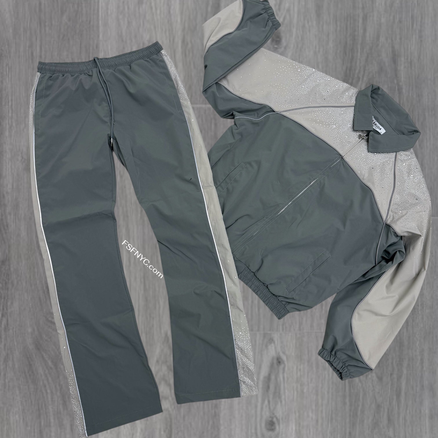 Baruda - stacked Rhinestone Windbreaker Set - Stone/Grey -