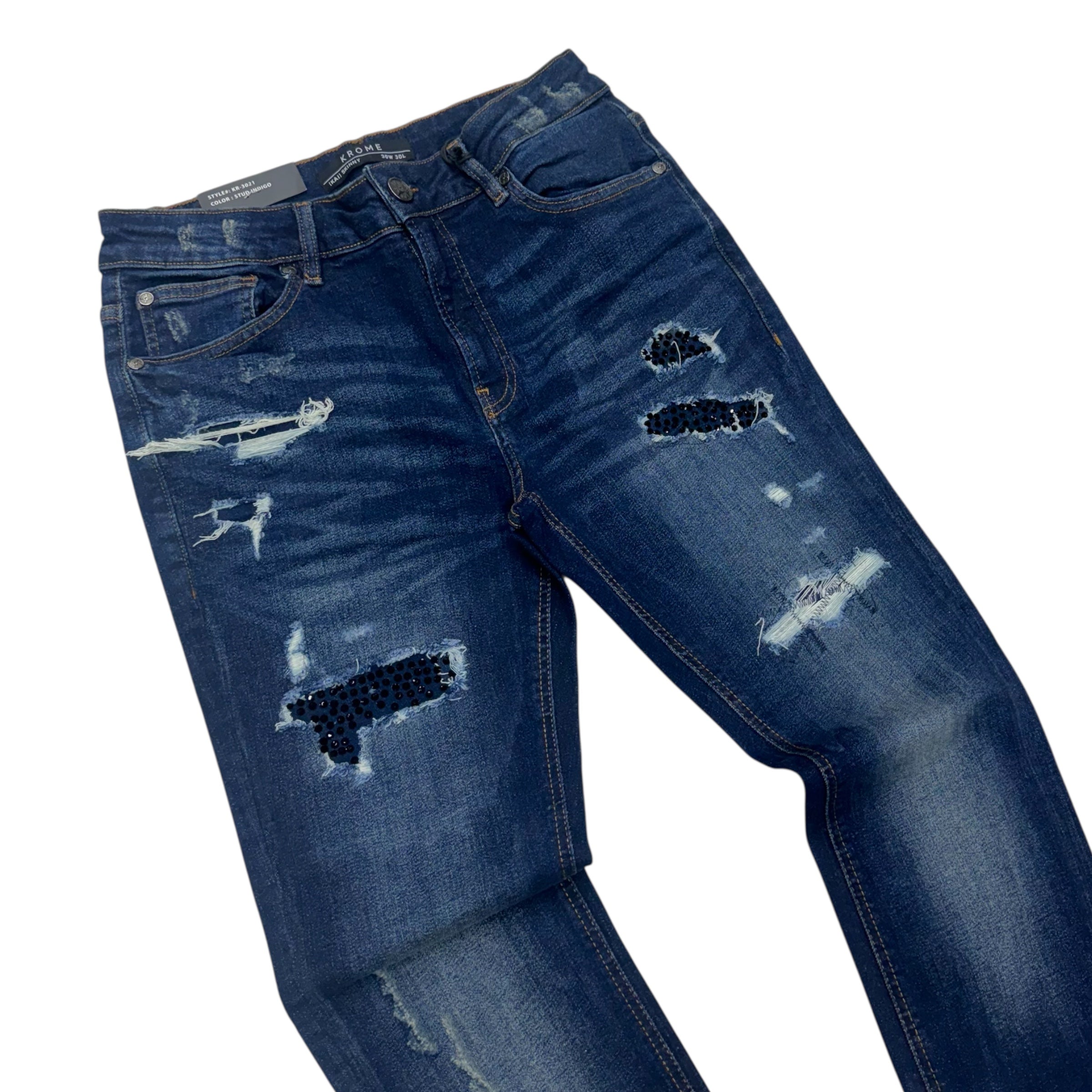 KROME - Rhinestone Distress Skinny Denim - Idigo - 3021