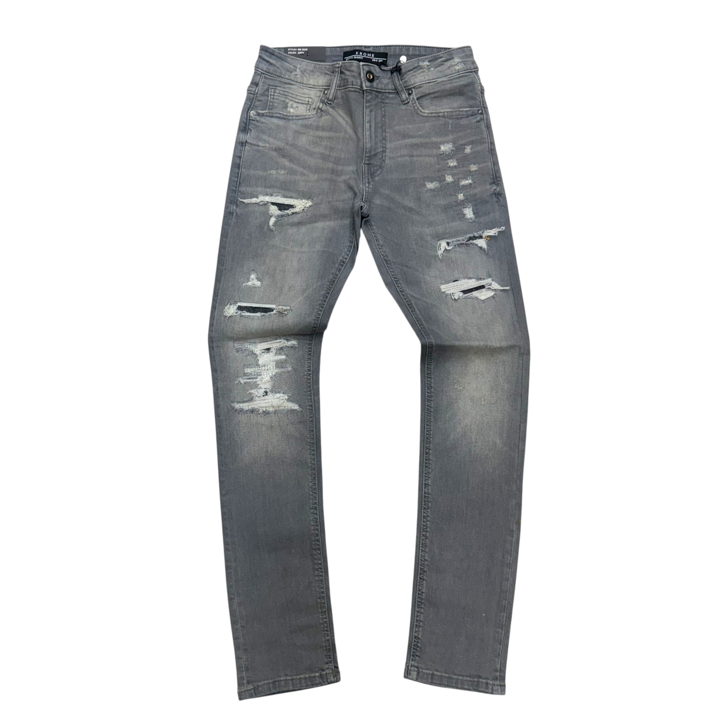 KROME - Distress Skinny Denim - GREY - 3029