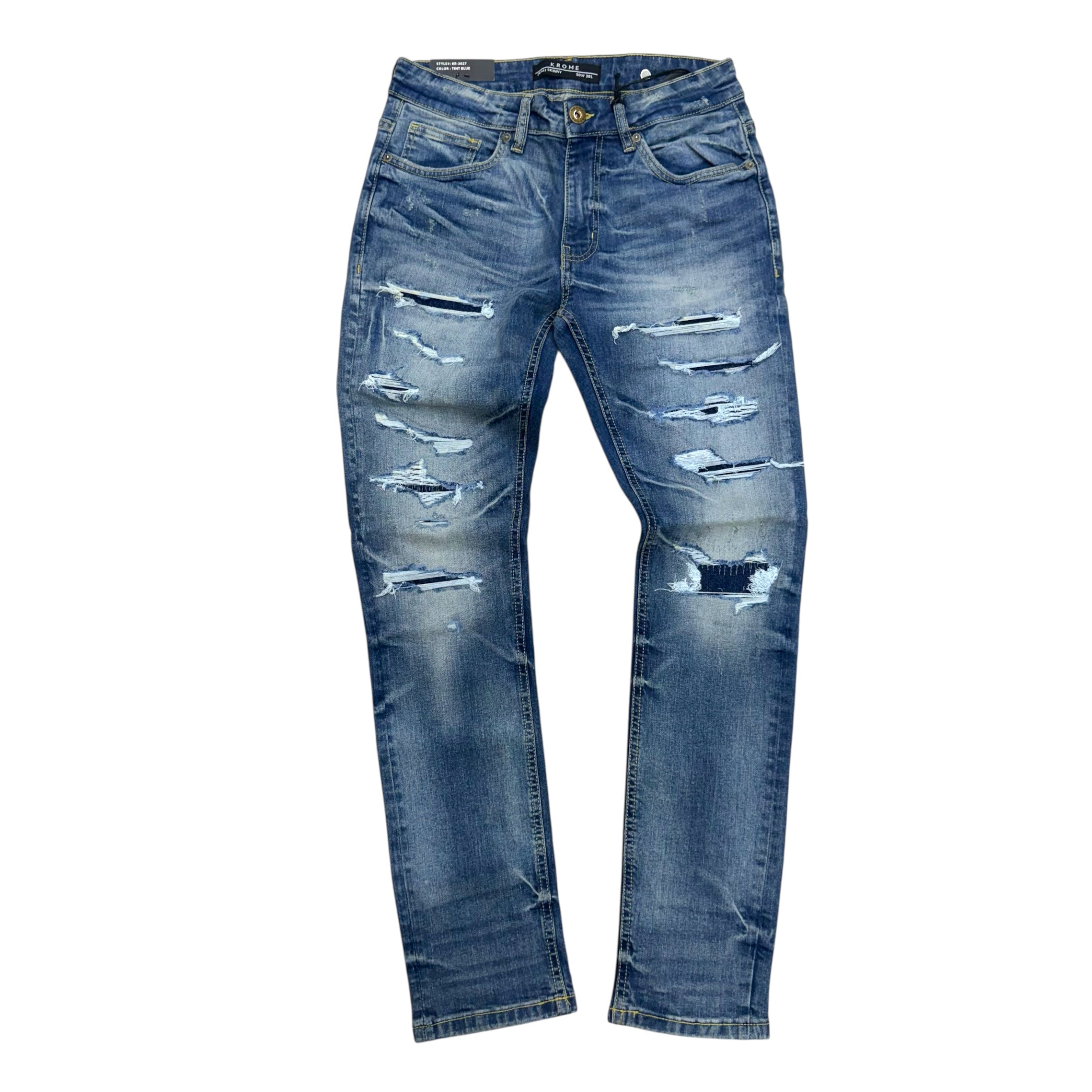KROME - All Distress Skinny Denim - Tint Blue - 3027