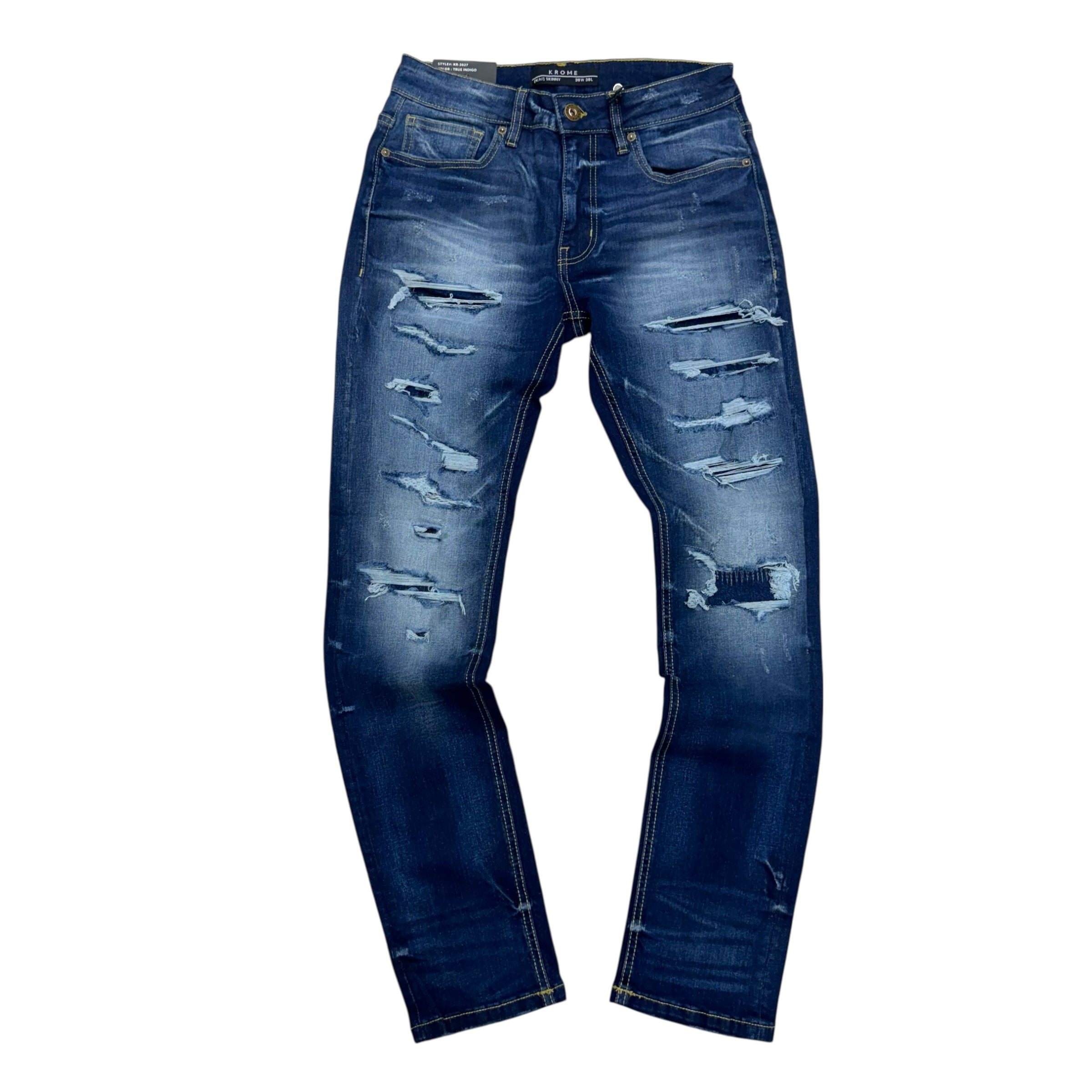 KROME - All Distress Skinny Denim - Indigo - 3027