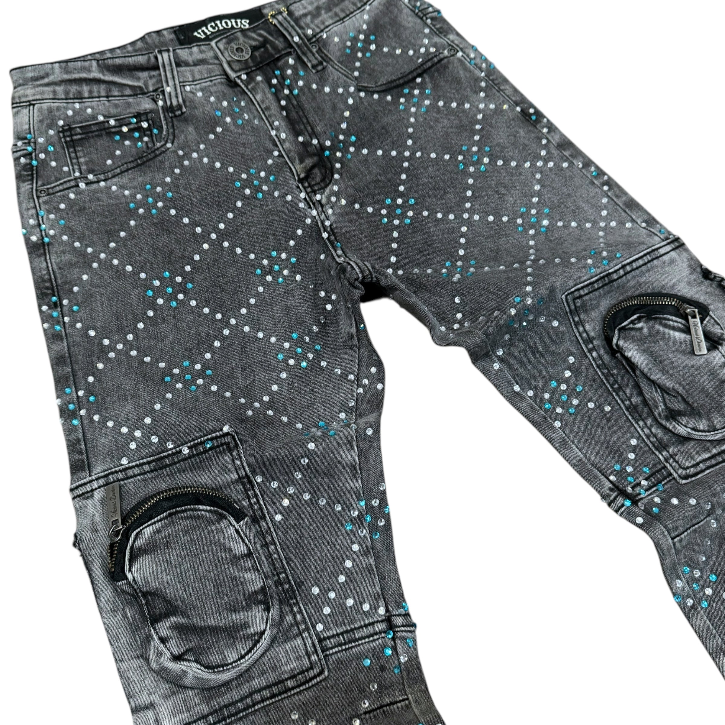 Vicious - STACKED UTILITY RHINESTONE DENIM - Grey - VC755