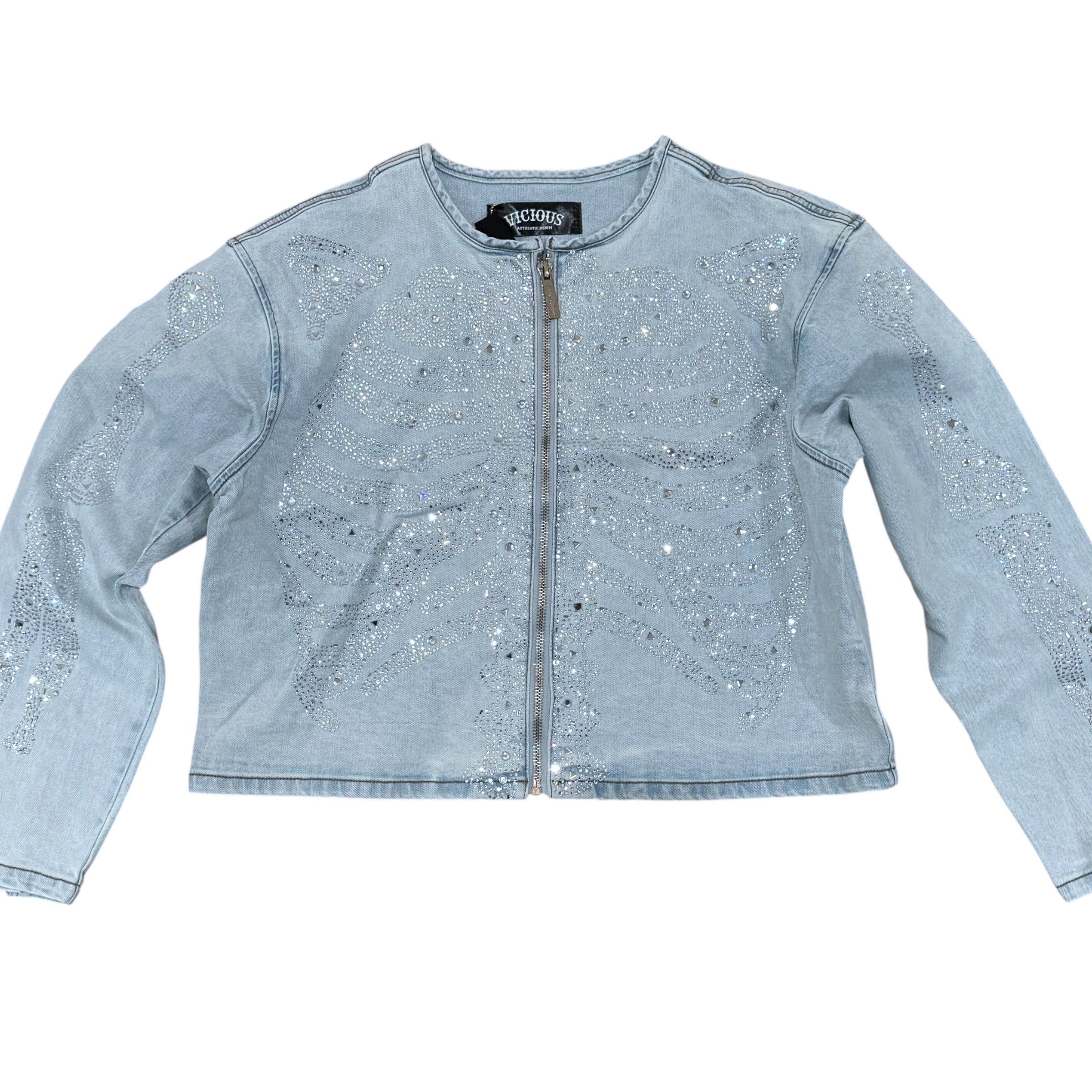 Vicious - SKELETON RHINESTONE FLARE JACKET w/ ZIPPER DETAILS - BLUE - VC806
