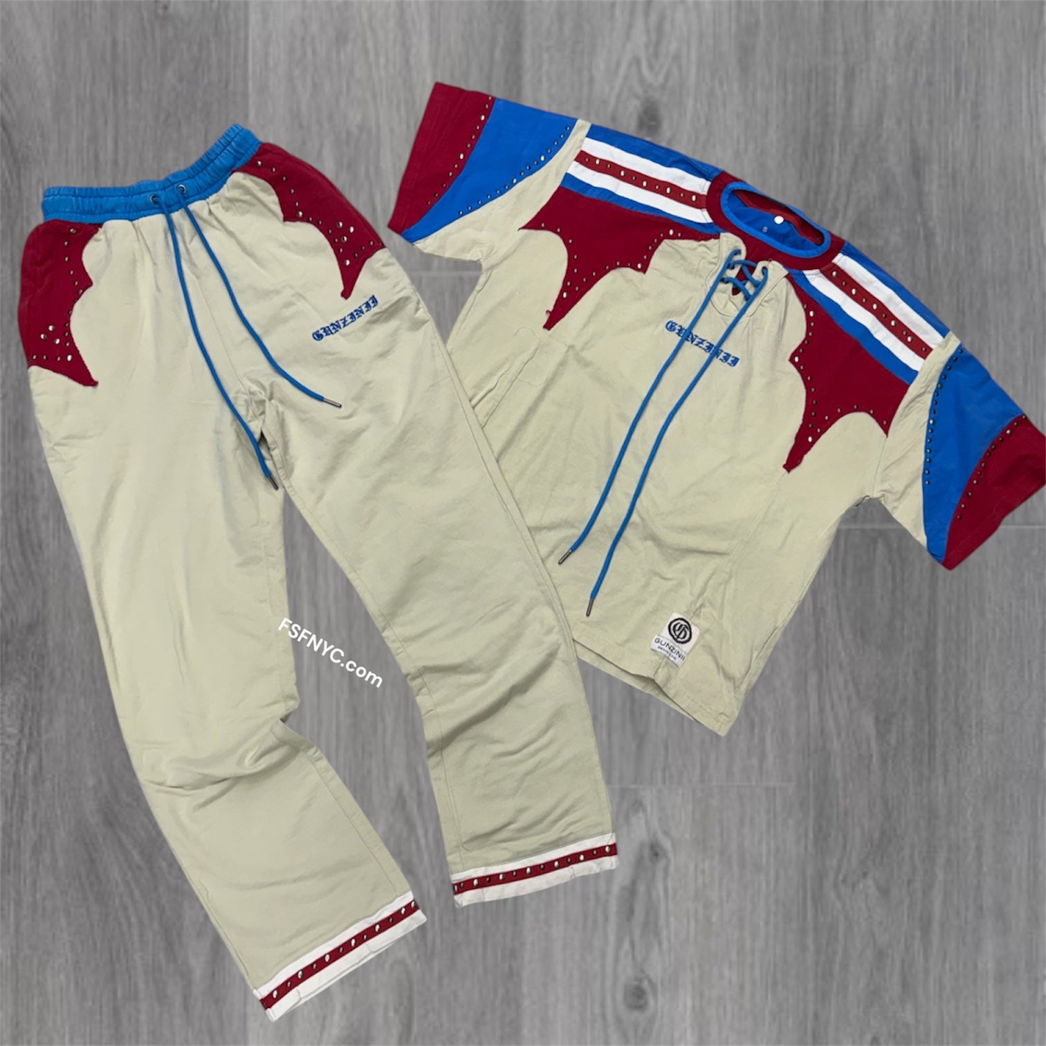 Gunzini - Stacked Pants-T-shirt Set - Red/Cream - 757 758