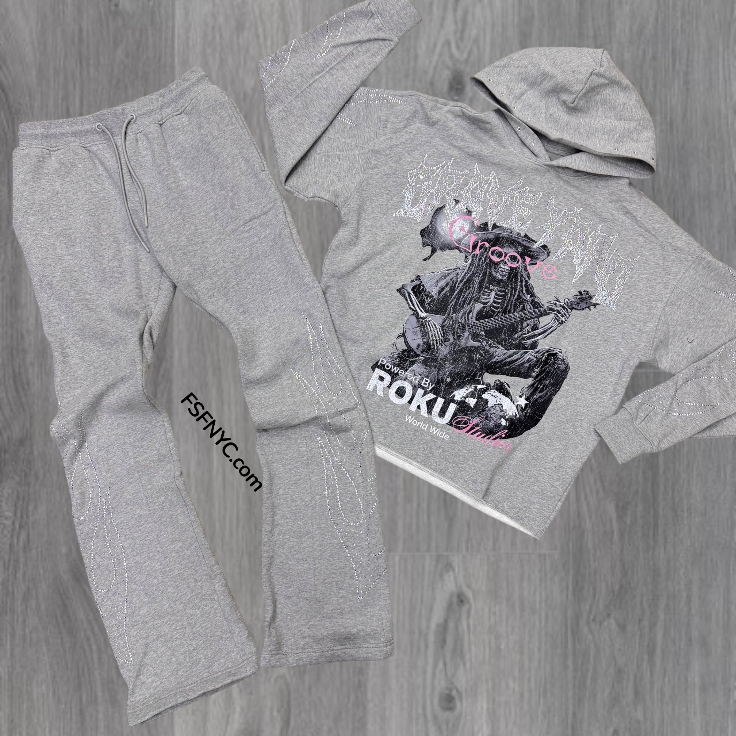 Roku Rhinestone Grave Yard Stacked Sweat Suit Heather Grey 1770-1769