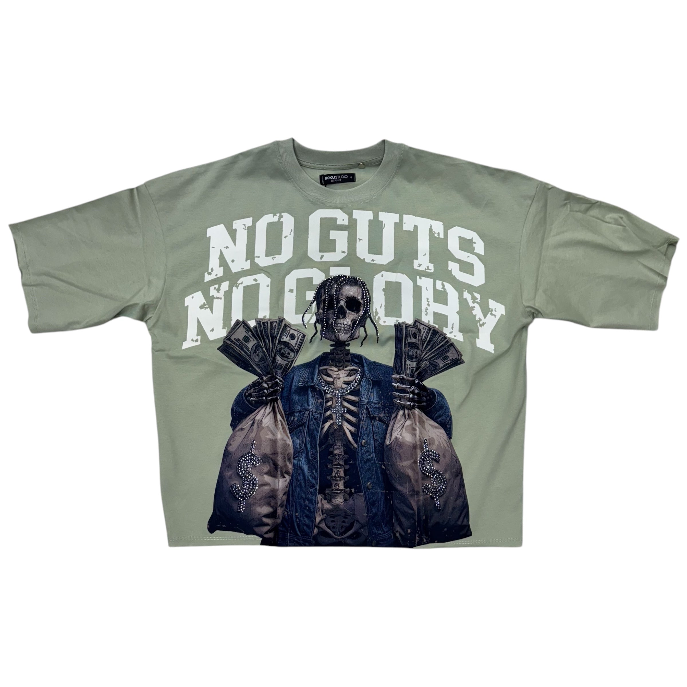 Roku Rhinestone No Guts No Glory Sleeve Crop T-Shirt Sage 1639