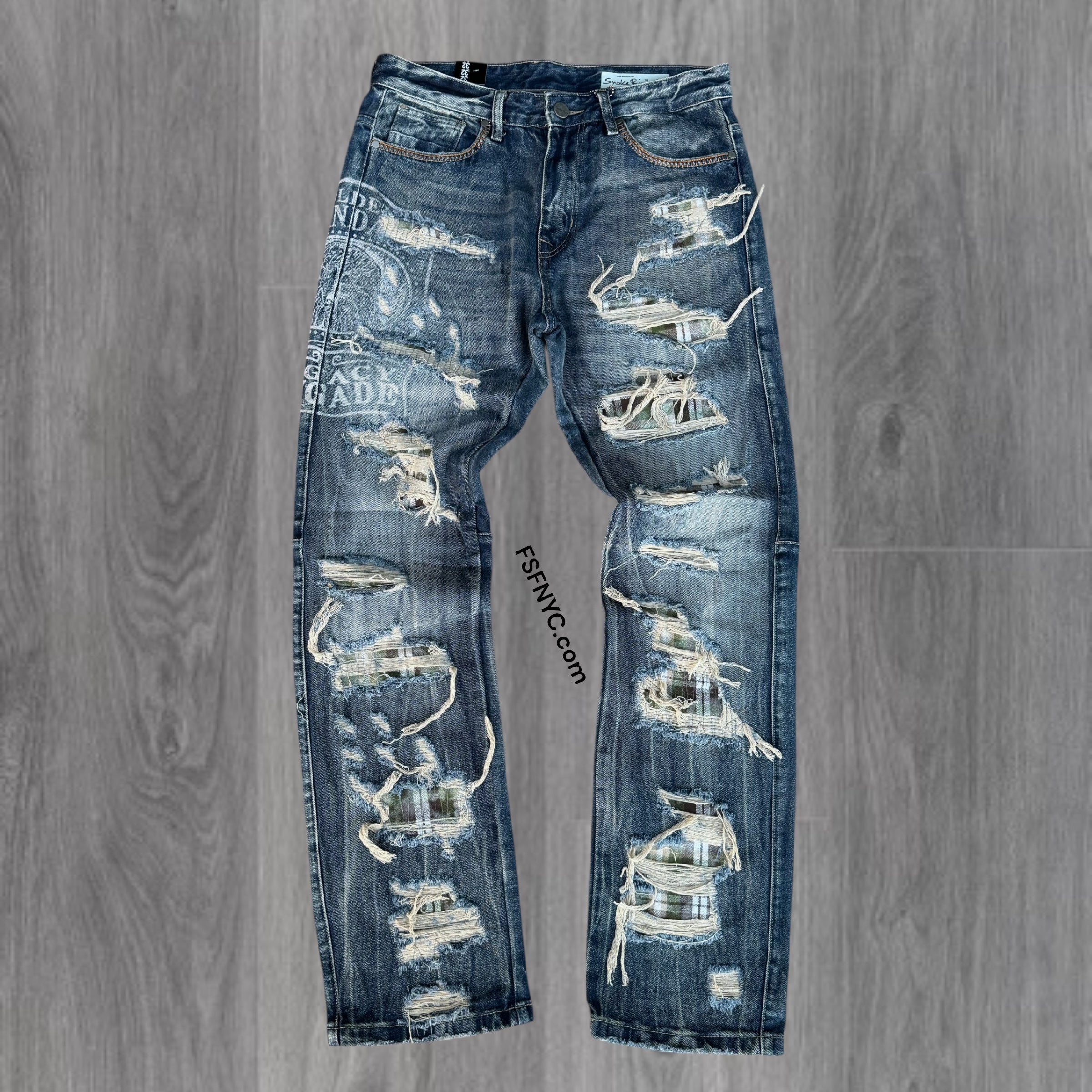 Rise - Distress with Plaid Denim - F.Blue - 25644