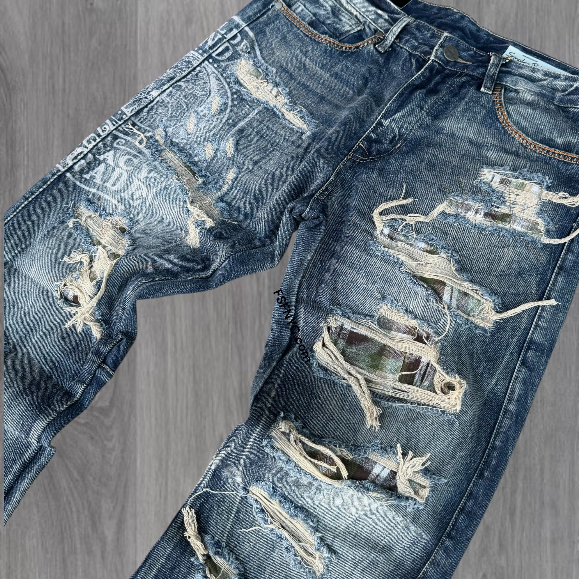 Rise - Distress with Plaid Denim - F.Blue - 25644