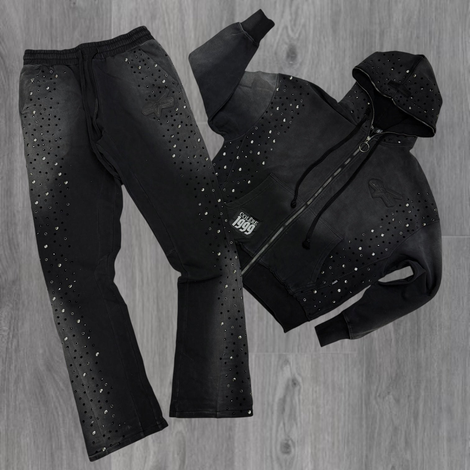 HDSN - Stacked Rhinestone “COL” Sweat Suit - Black - 637