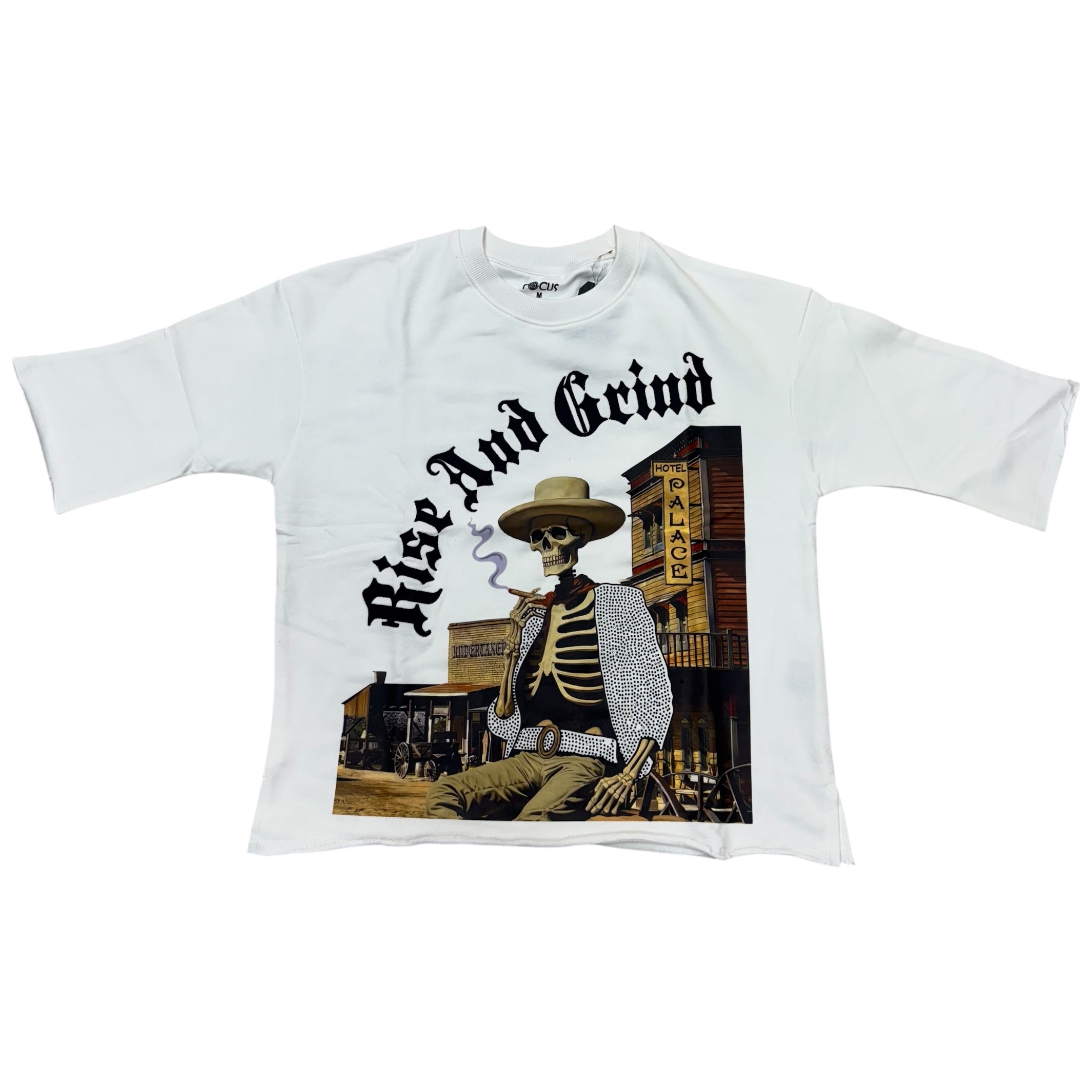 Focus Rhinestone Rise And Grind Sleeve Crop T-Shirt White 80729