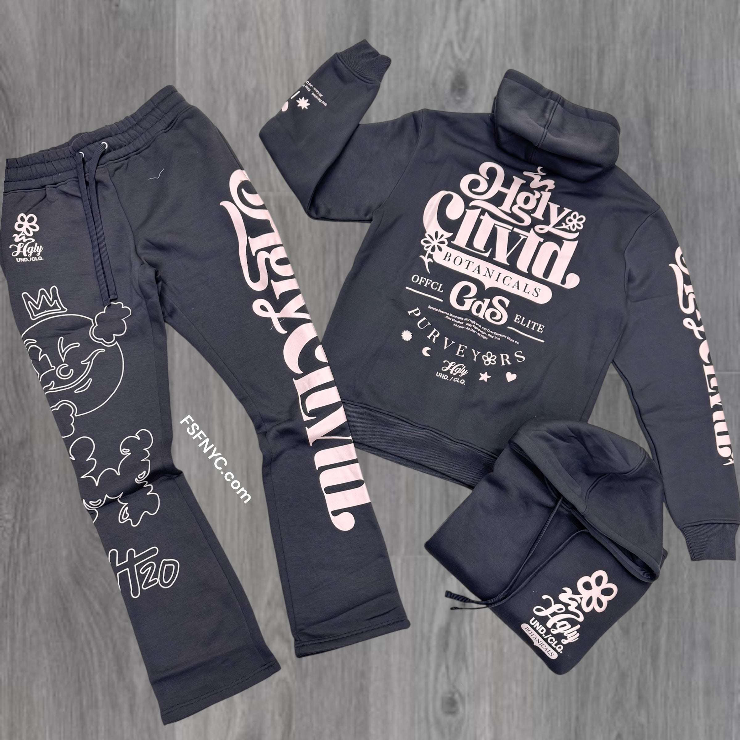UNDRTD - Stacked BOTANICALS Sweat Suit - NOIR/Pink - UF5606