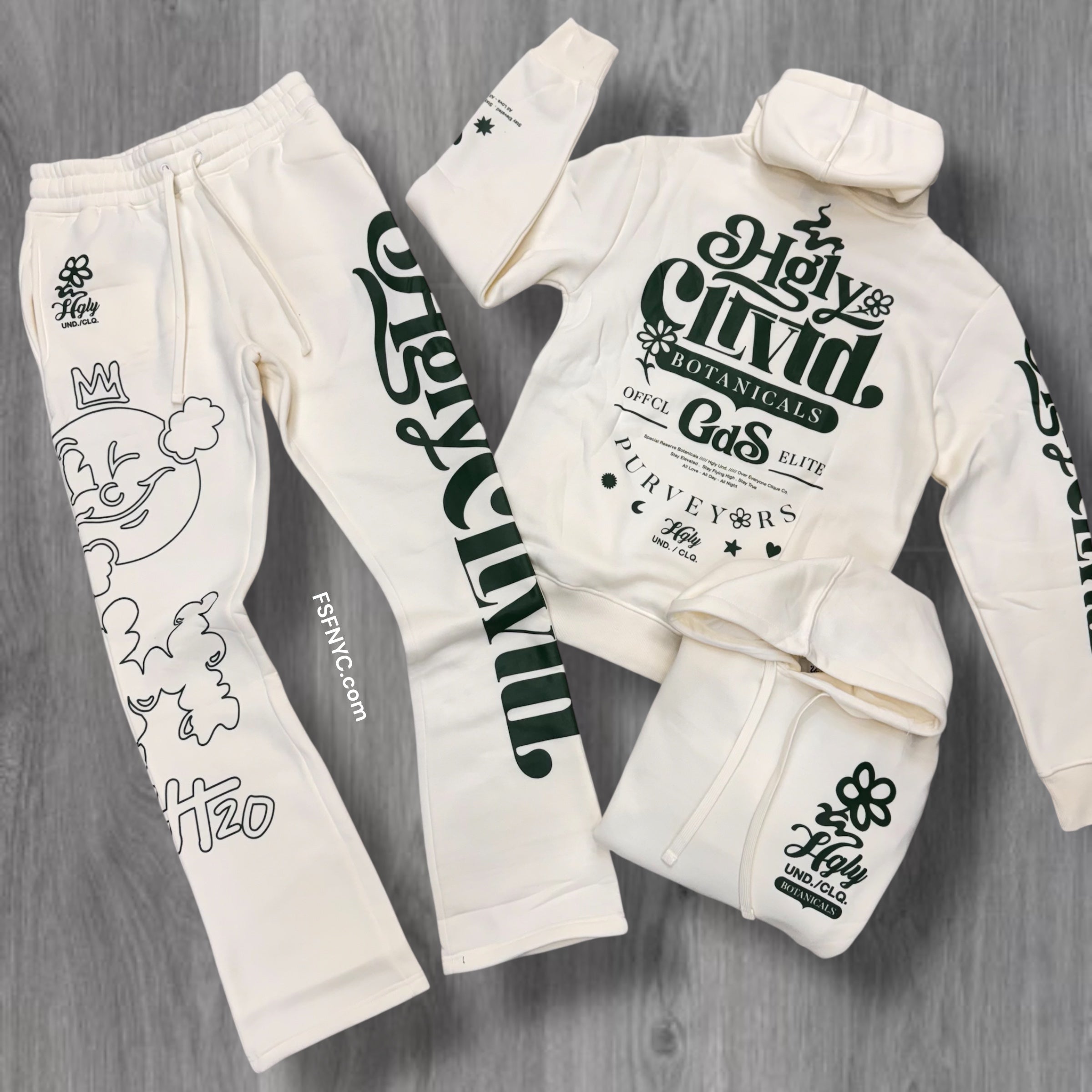 UNDRTD - Stacked BOTANICALS Sweat Suit - IVORY/Olive - UF5606