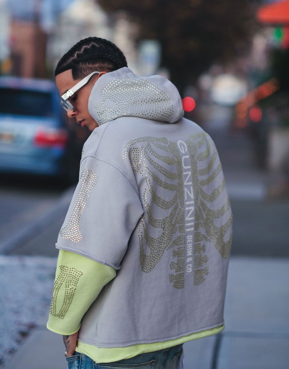 Gunzinii - Rhinestone Skeleton Hoodie - Grey - GZ524