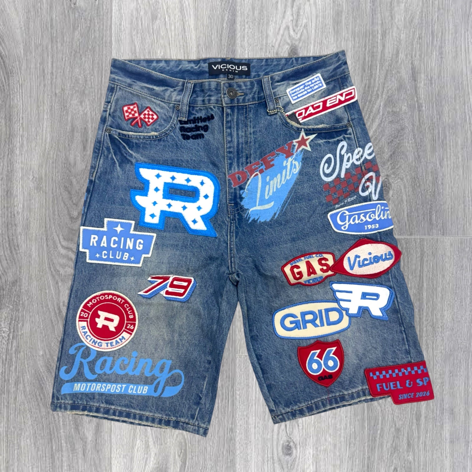 Vicious - Race Denim shorts- Antique Blue -VC1130