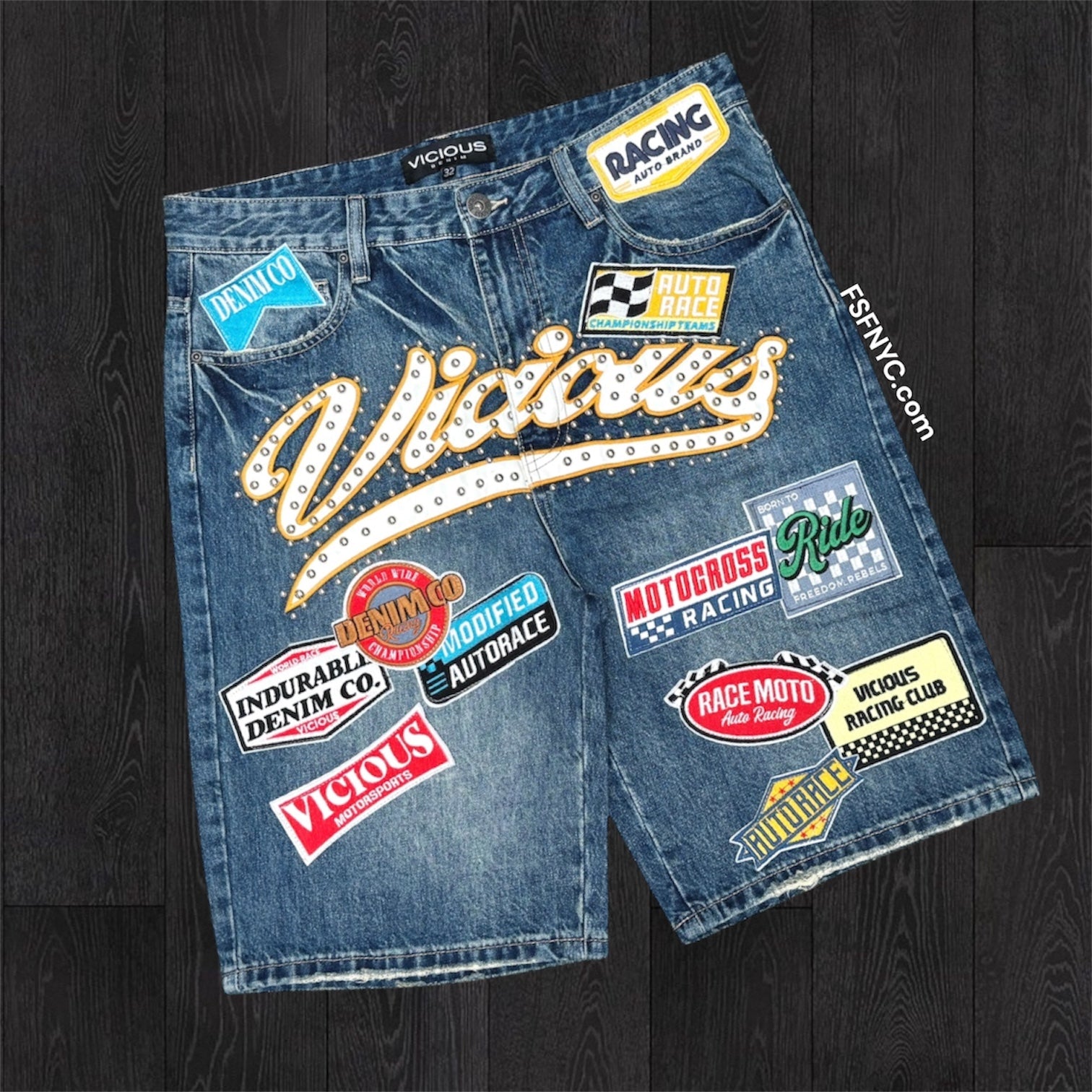 Vicious - Moto Race Denim shorts- MD. Blue -vc
