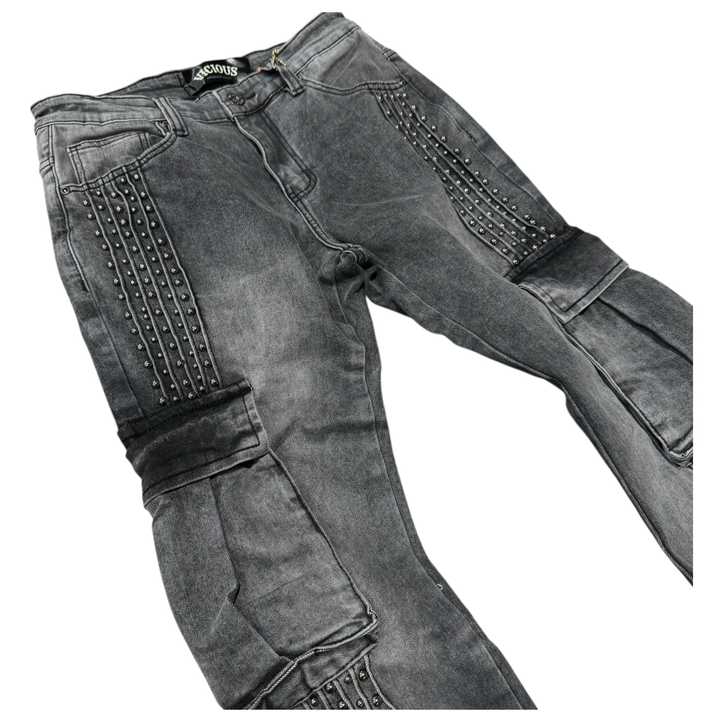 Vicious- Flare Cargo w Pearls Denim - Grey - VC930