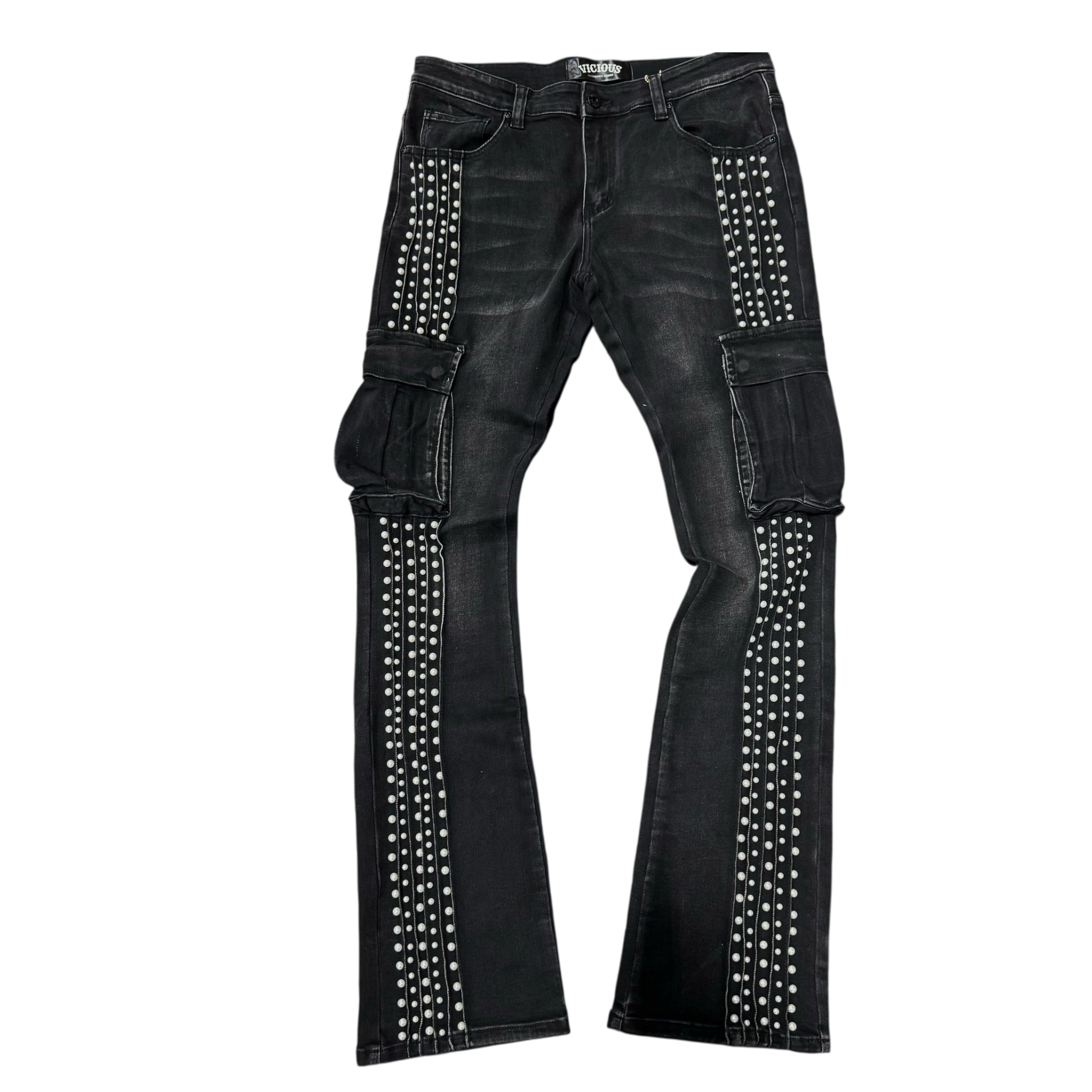 Vicious- Flare Cargo w Pearls Denim - Black- VC930