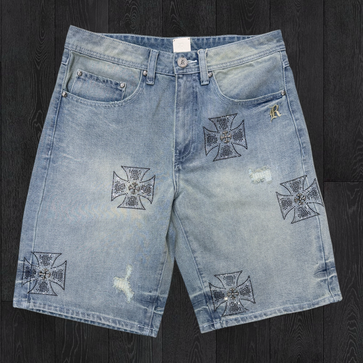 Rebel - Rhinestone Denim Shorts - L blue -992