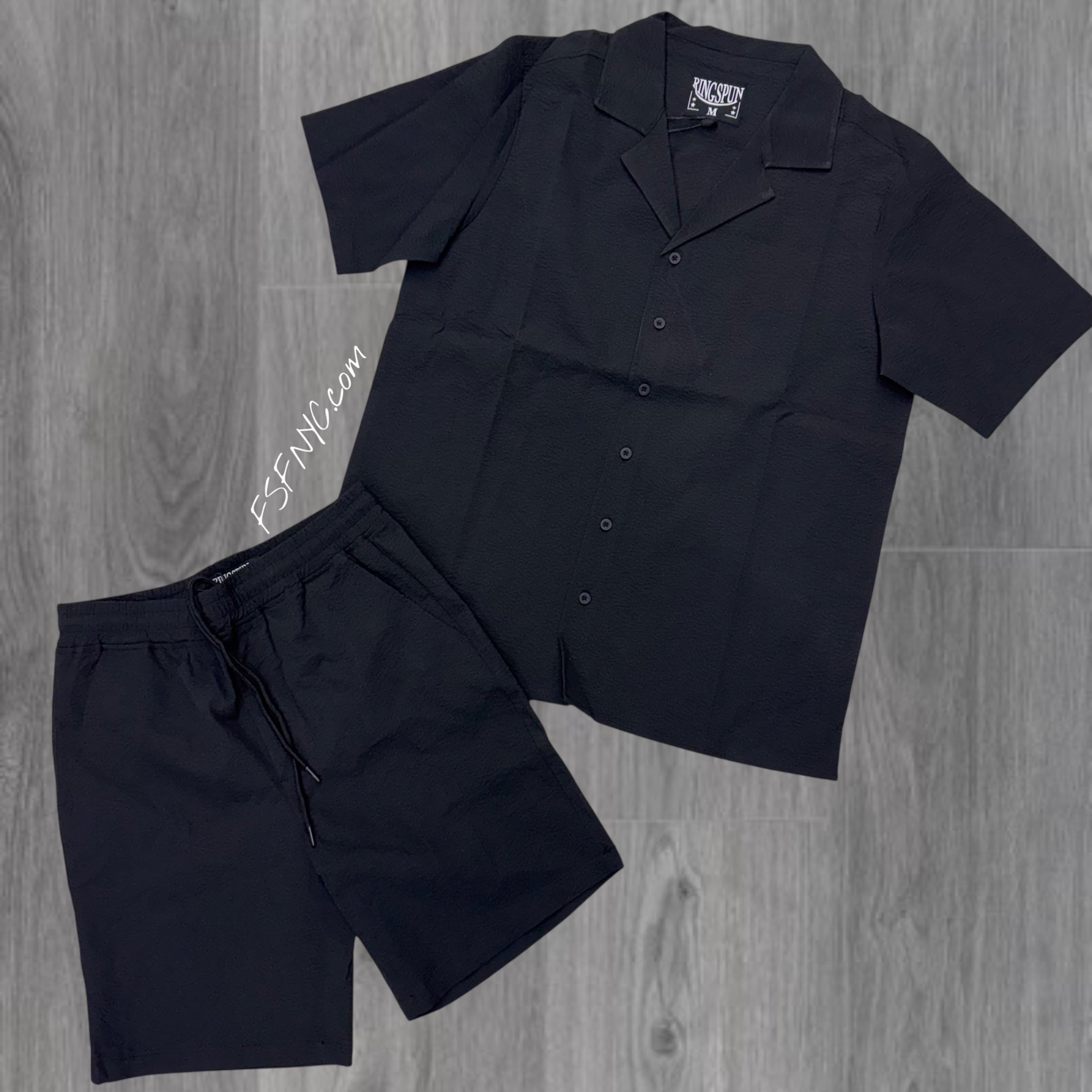 RS Texture Button Down Short Set Black 782 982