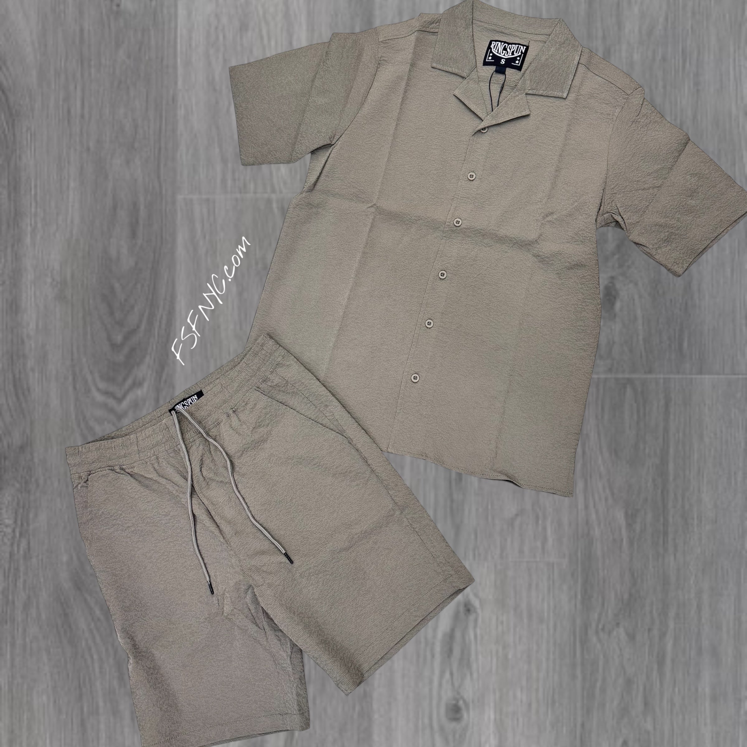 RS Texture Button Down Short Set Taup 782 982