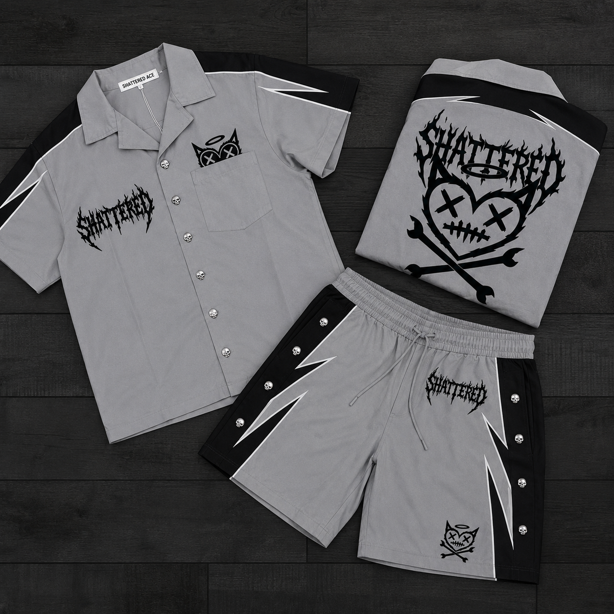 Shattered- Nylon Short Set - Grey