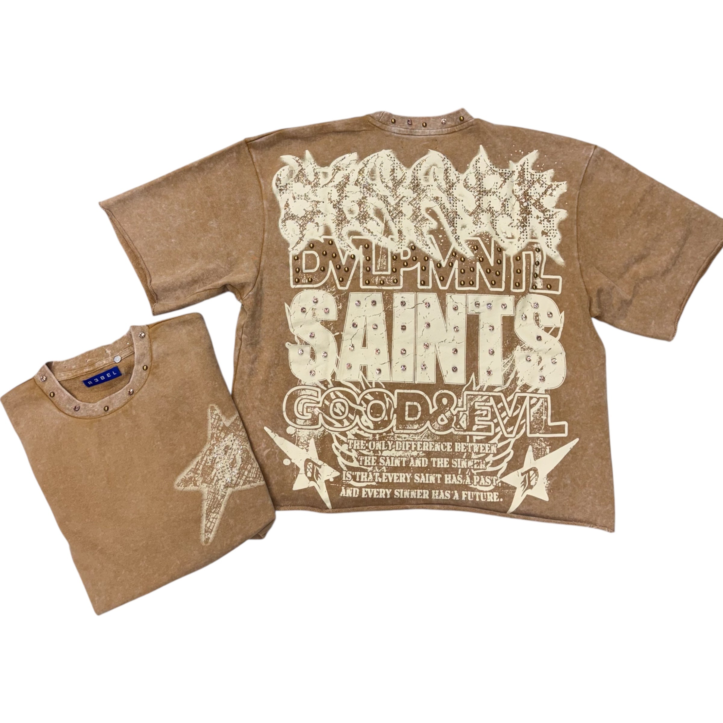 R Rhinestone Sinner Oversize Crop T-Shirt Khaki 143