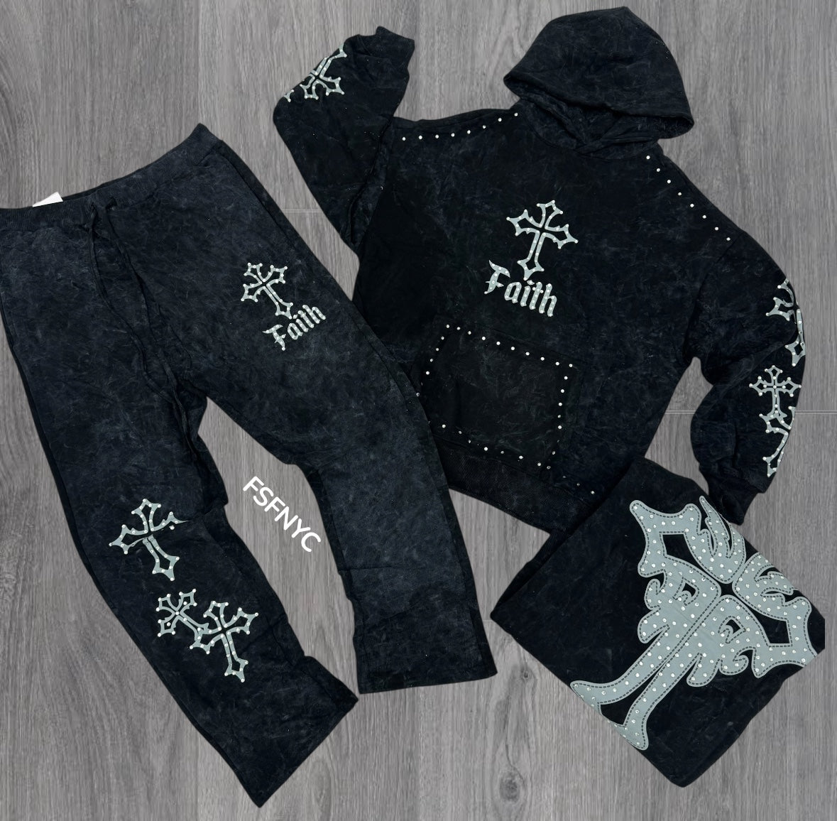 Rebel - Stacked Stud Faith Sweat Suits - CHARCOAL- 370470