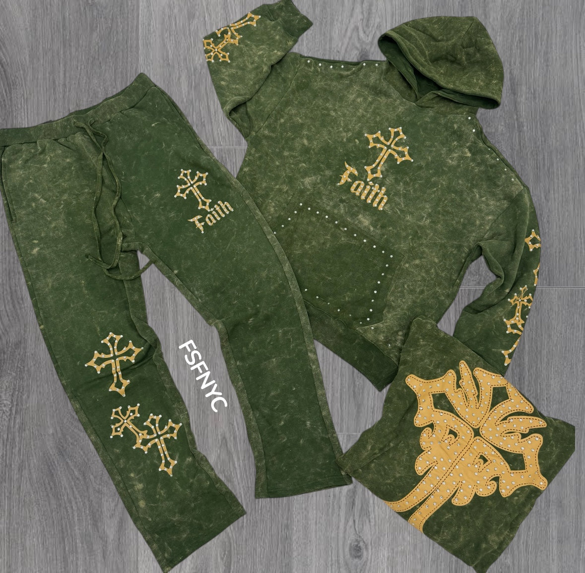 Rebel - Stacked Stud Faith Sweat Suits - OLIVE- 370470