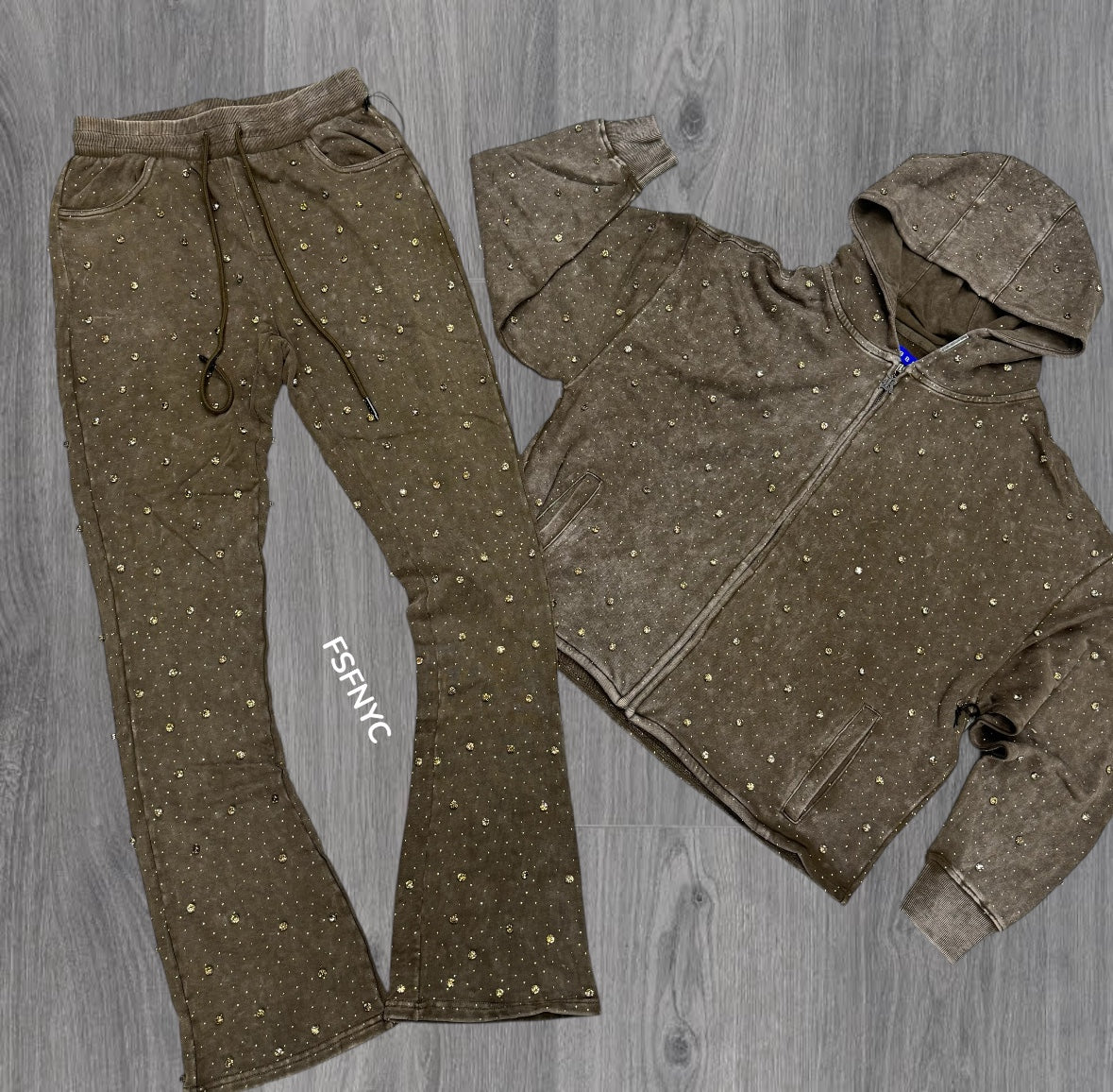 Stacked - Crystal zip Sweat Suit - Brown - 455 355