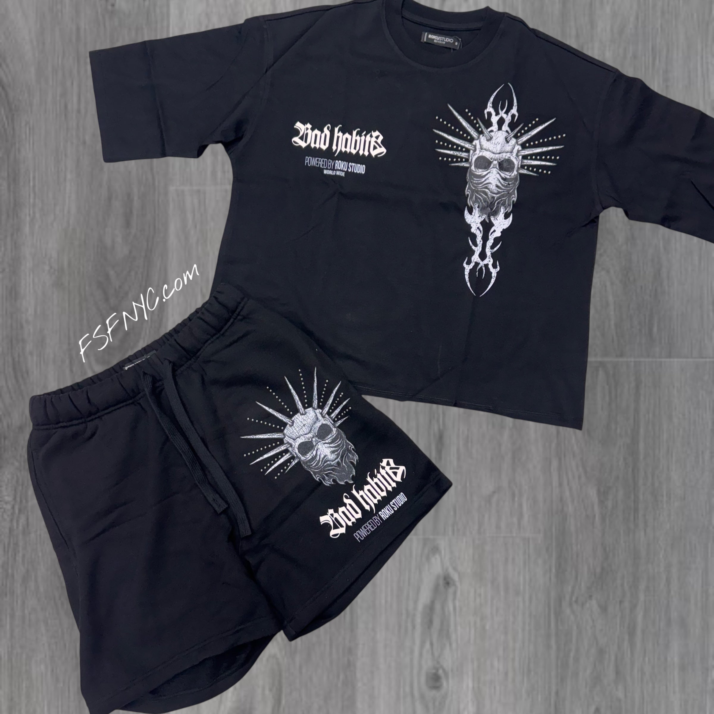 Roku Bad Habits Shorts w/ OverSize Crop Tee Set Set Black/White 1636 1656 M