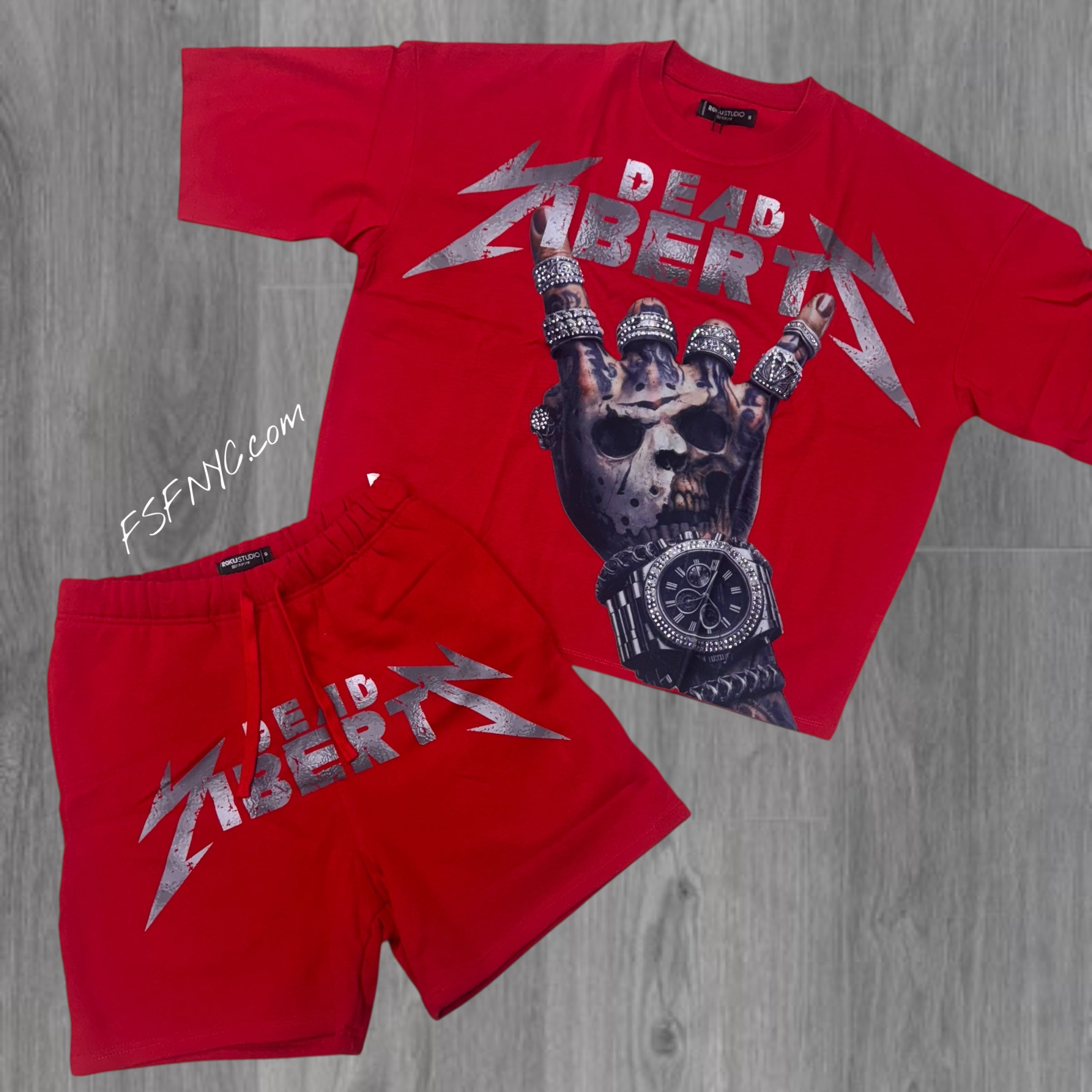 Roku Rhinestone Dead Liberty Shorts w/ OverSize Crop Tee Set Set Red 1643 1642 M
