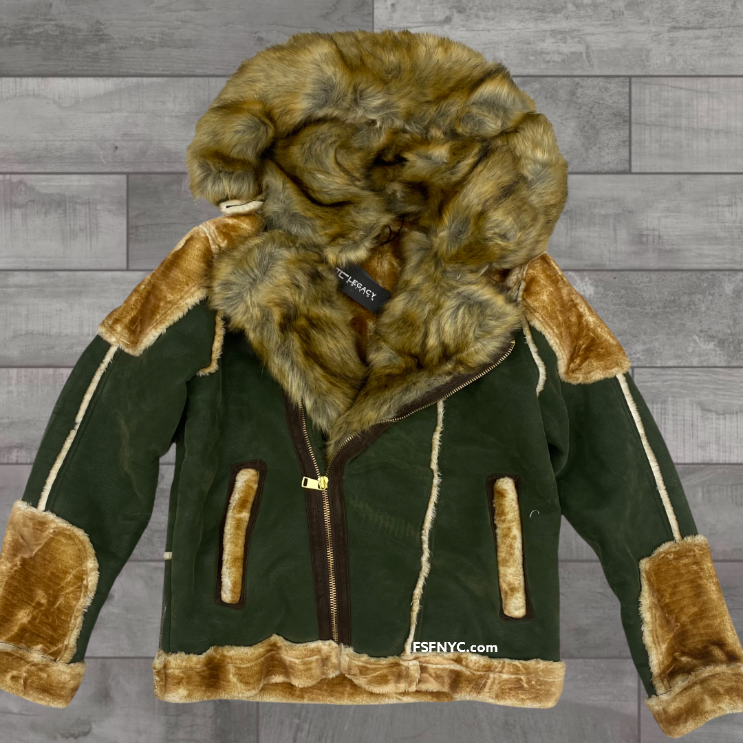 Jordan Craig Biker Shearling Coat w fur Olive 91536