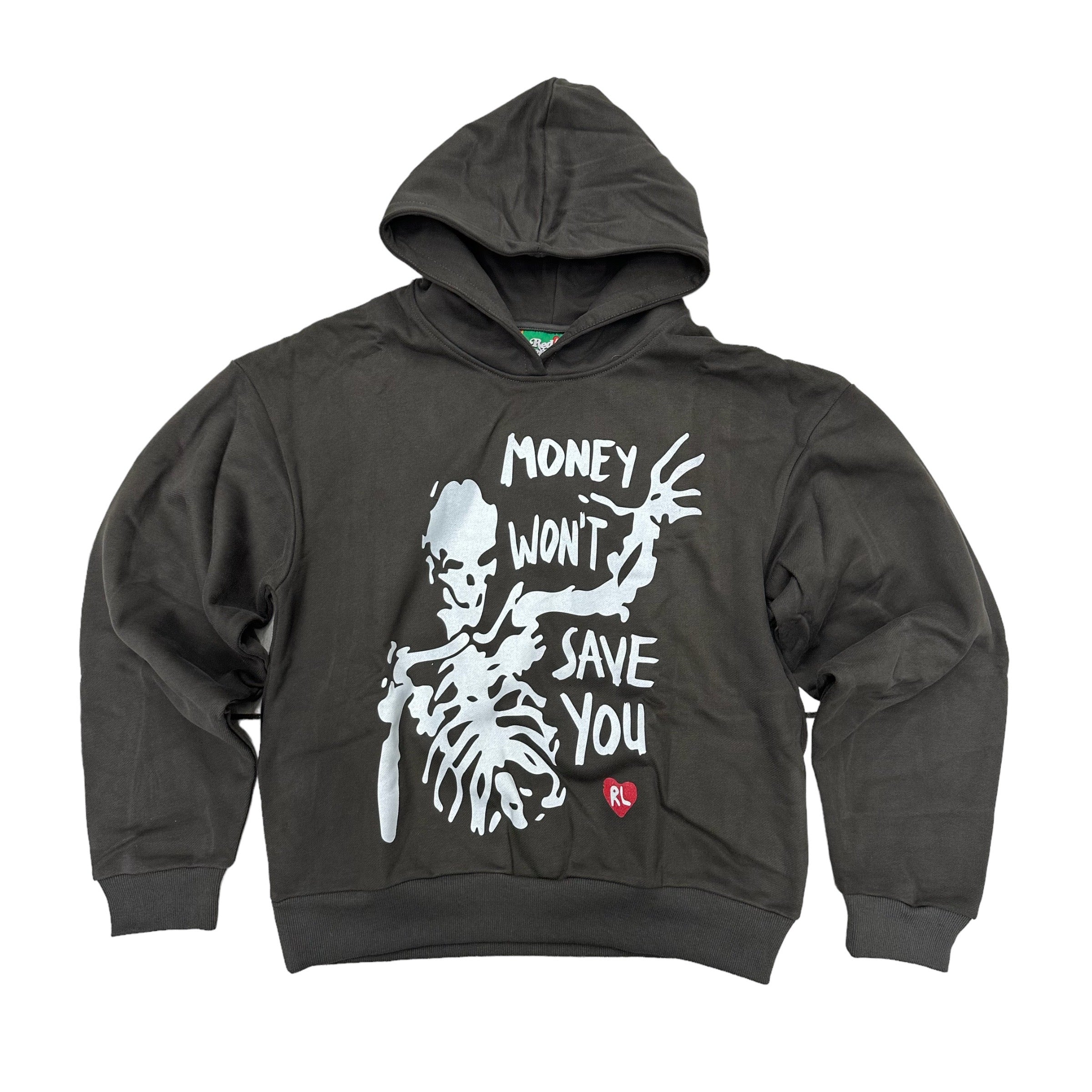Red Letters Save Money Hoodie Ash