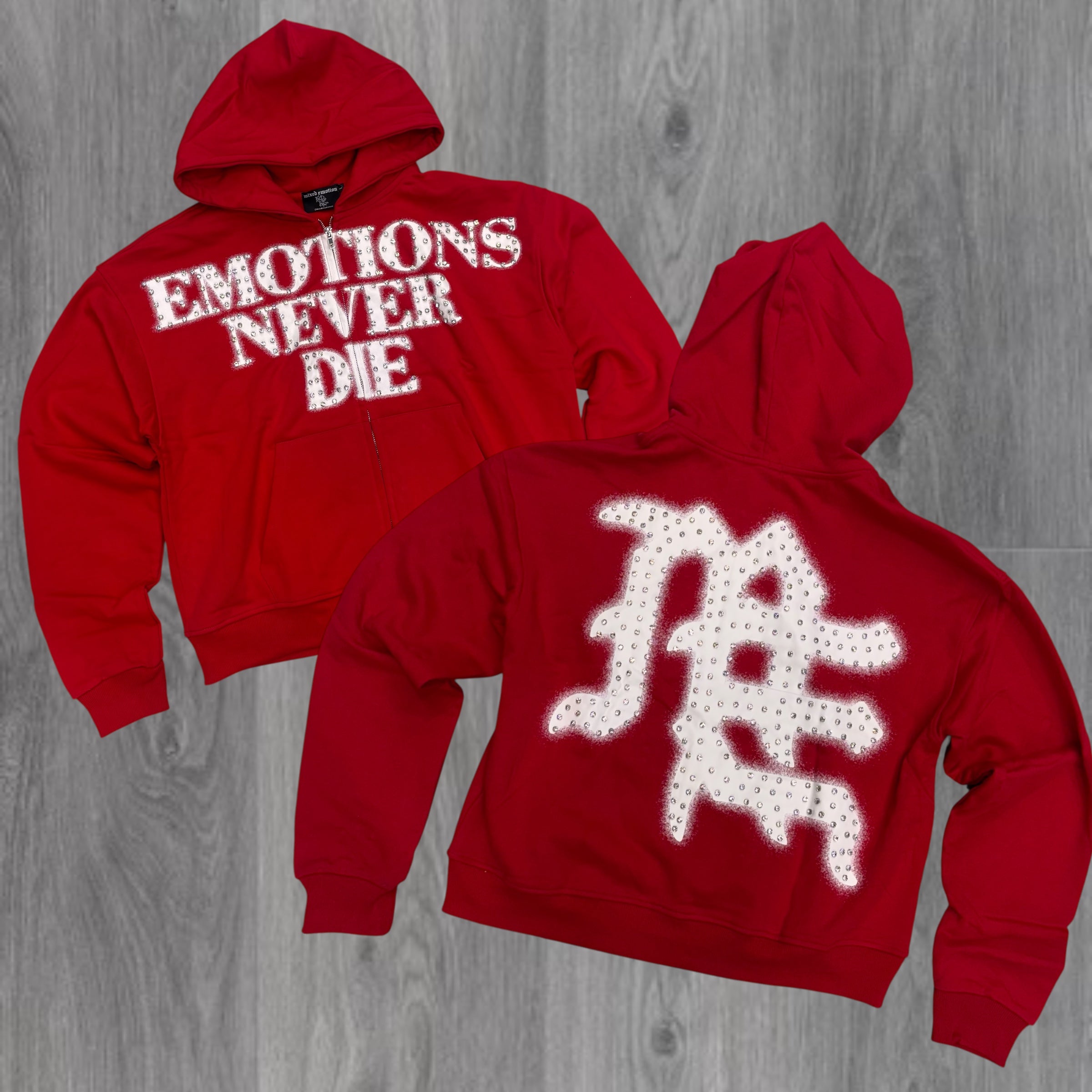 Mixed Emotions - “End” Rhinestone Zip up  - Red