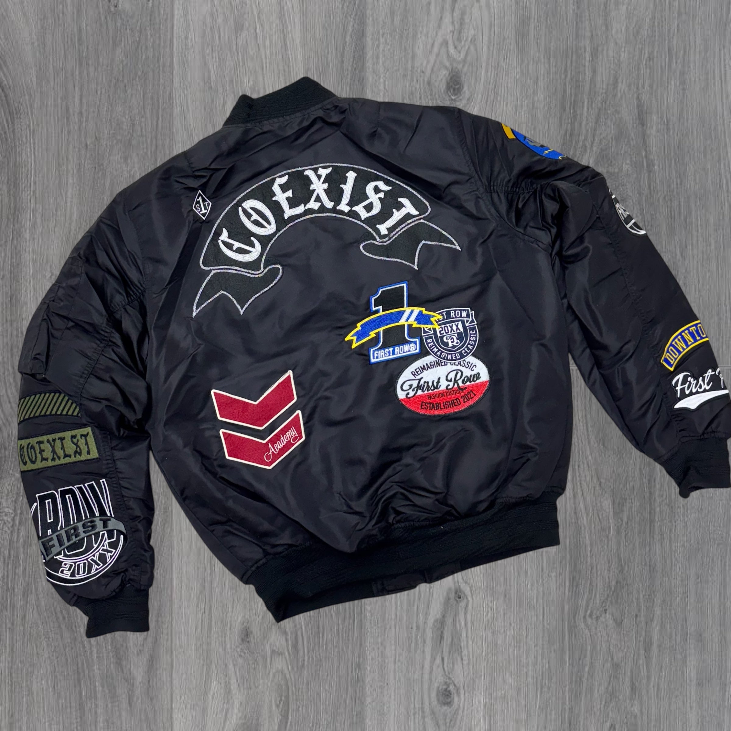 First Row- Coexist Patched Bomber Jacket Black