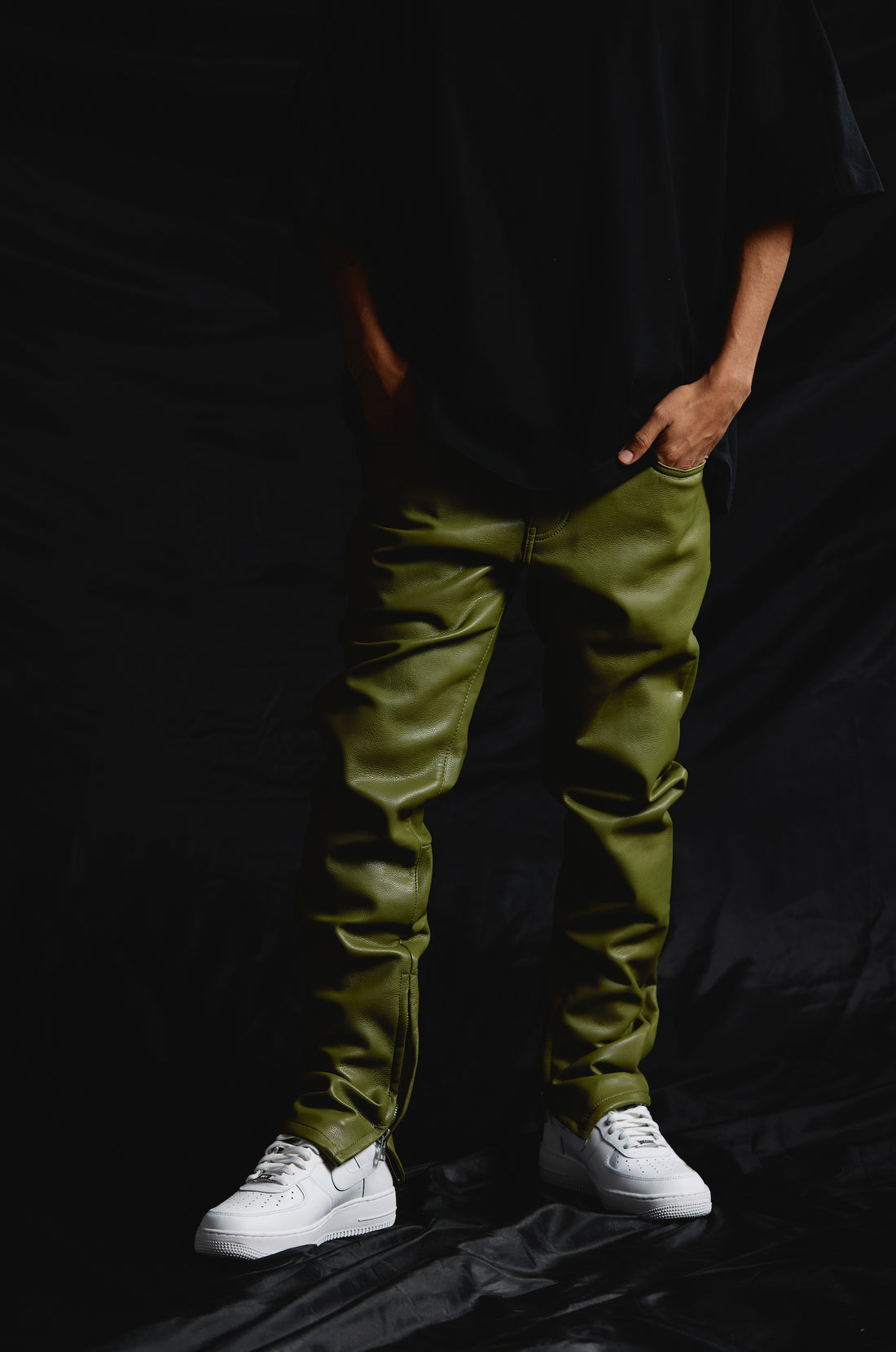 Valabasas JEDI stacked/Skinny pu Leather Pants Olive 1004