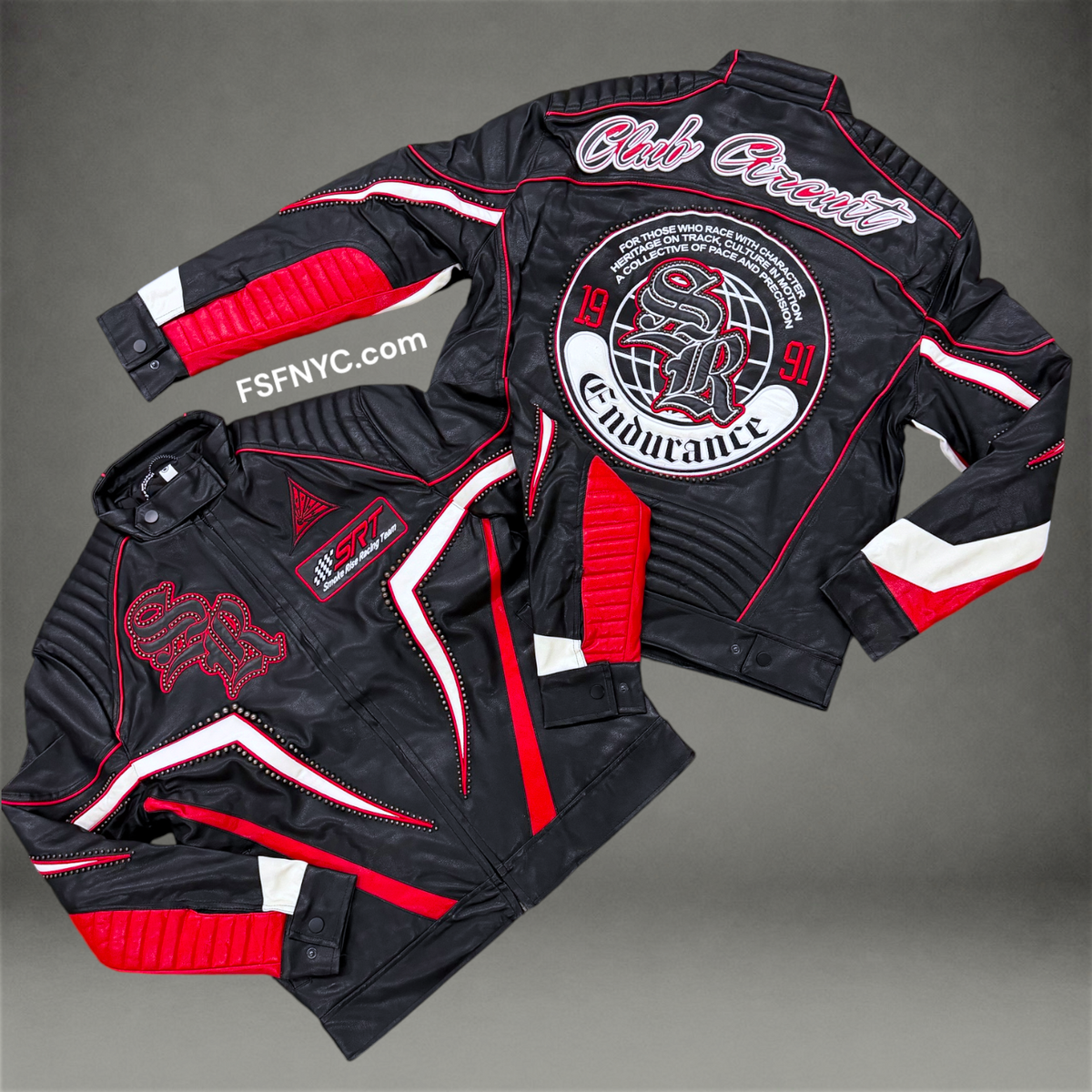 Rise - PU Leather Racing Jacket - Red - F588