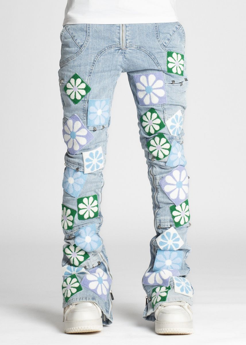 Guapi Stacked Aqua Blue Flowers Denim