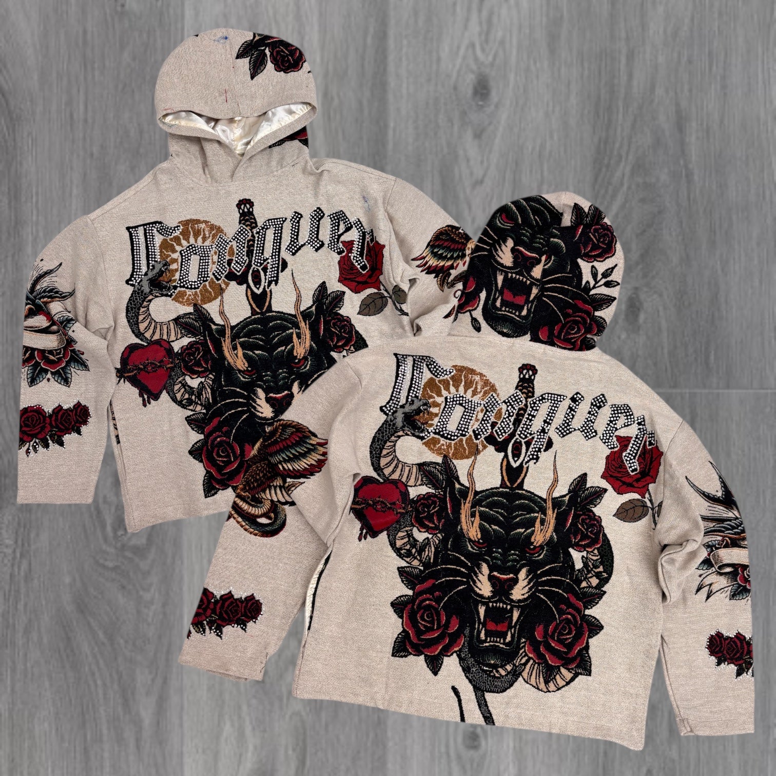 REBEL - CONQUER Jacquard Rhinestone Hoodie - Cream - 354