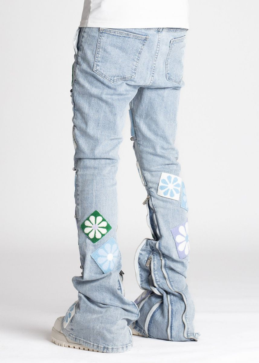 Guapi Stacked Aqua Blue Flowers Denim