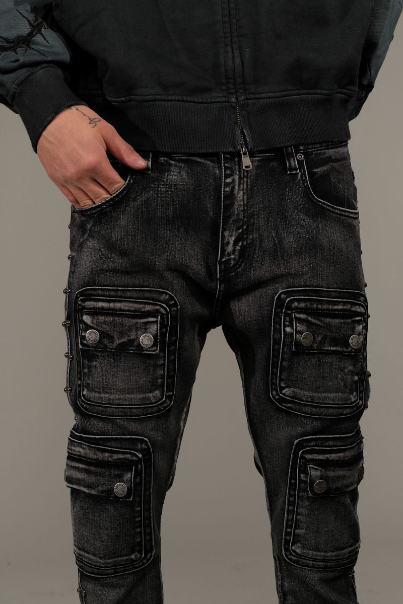 Vicious Stacked Studded Warrior Cargo Denim Black VC671