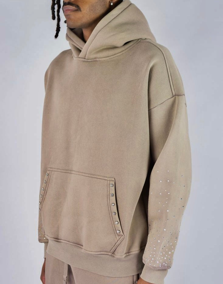 Rebel - Rhinestone Pullover Hoodie - Taupe - 388 388