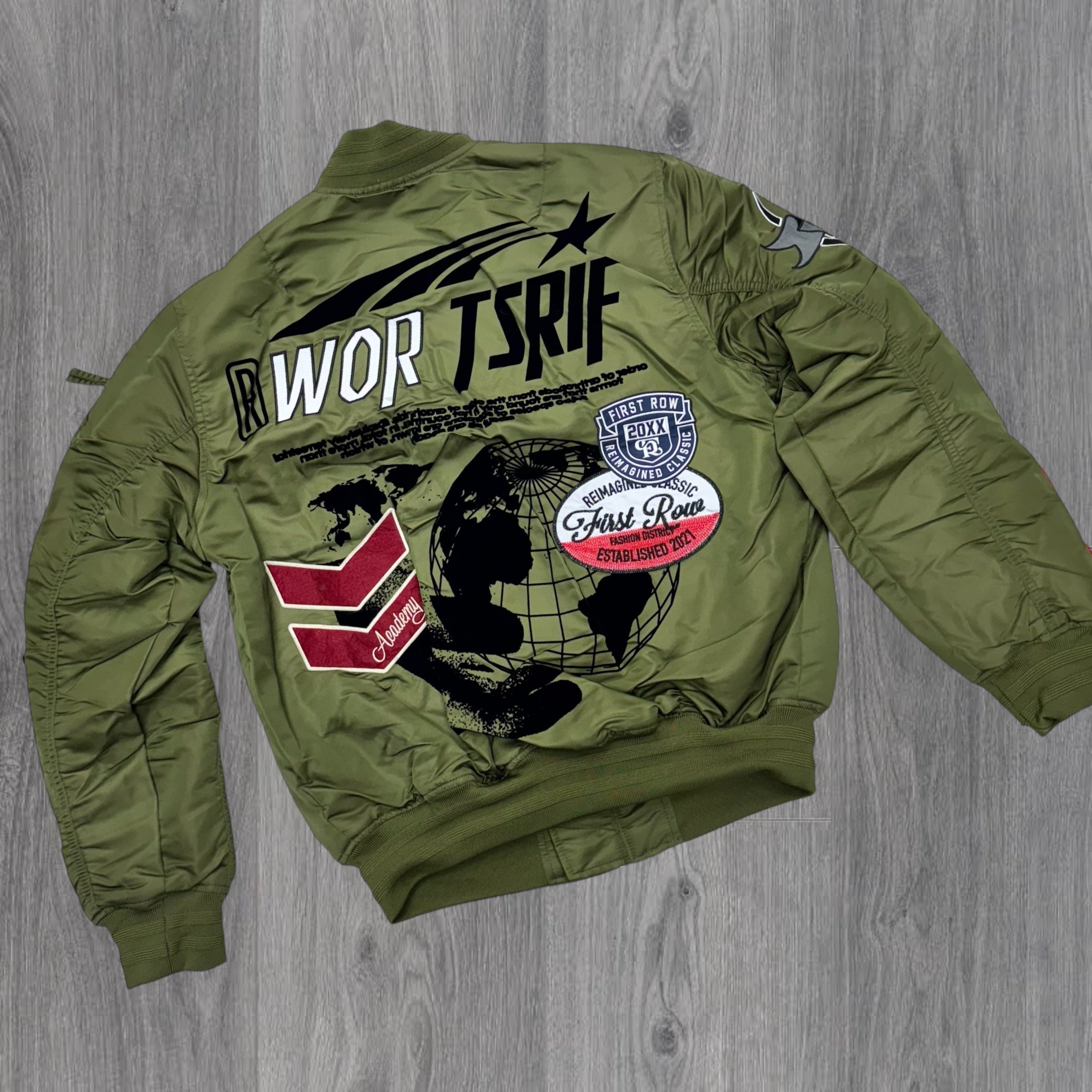 First Row- Downtown LA Patched Bomber Jacket Olive