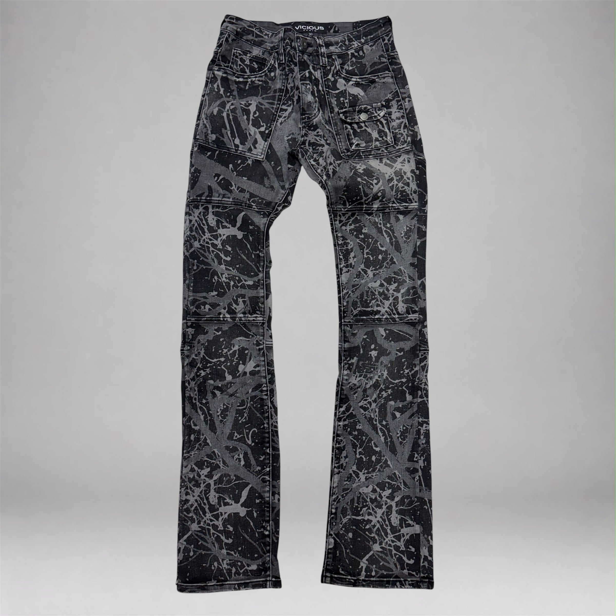 Vicious -Cargo Flare Splatter Denim -  Black- VC1109