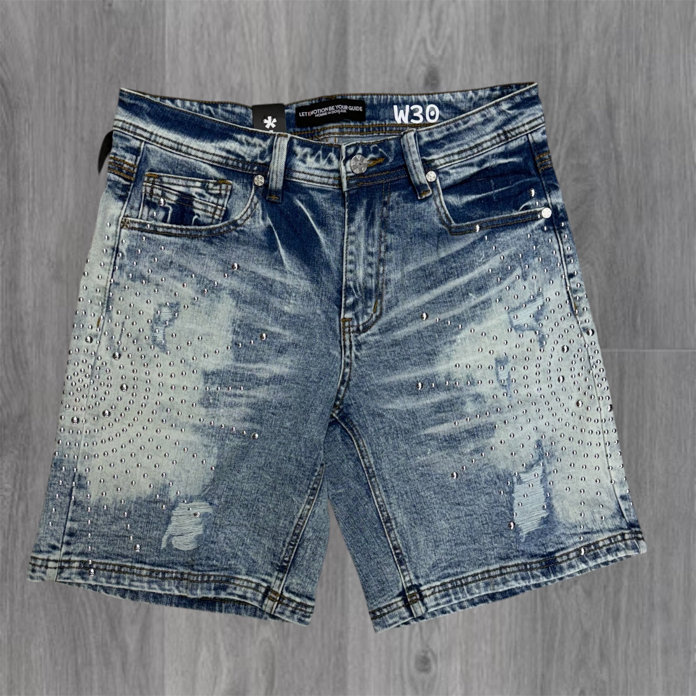 マインデニム　Hazy Star Denim Surf Shorts HDSN - Studded Burst Denim Shorts - Med Blue 642