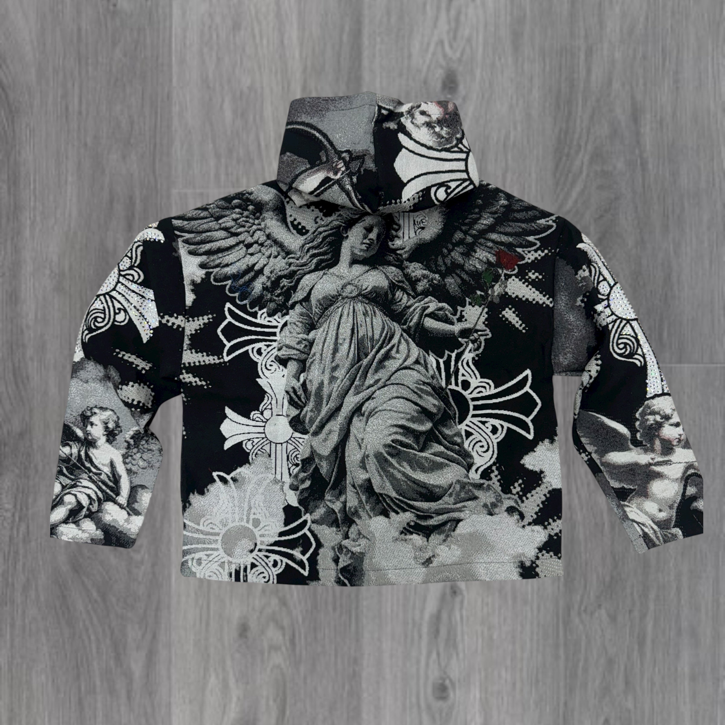 Jacquard - Rhinestone Angel Hoodie - Black - 338