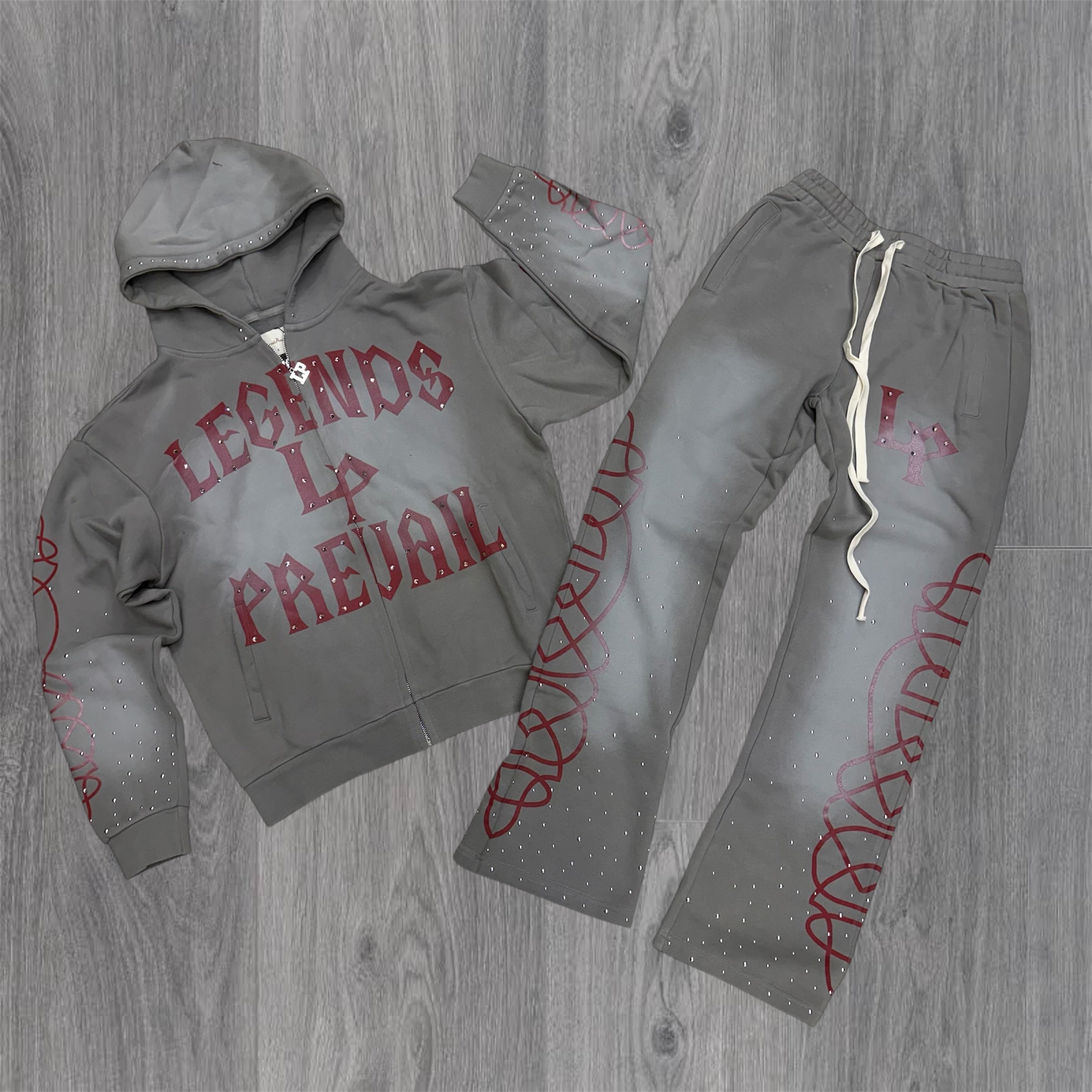 Prevail - Flare Rhinestone Sweat suit - Grey / Red